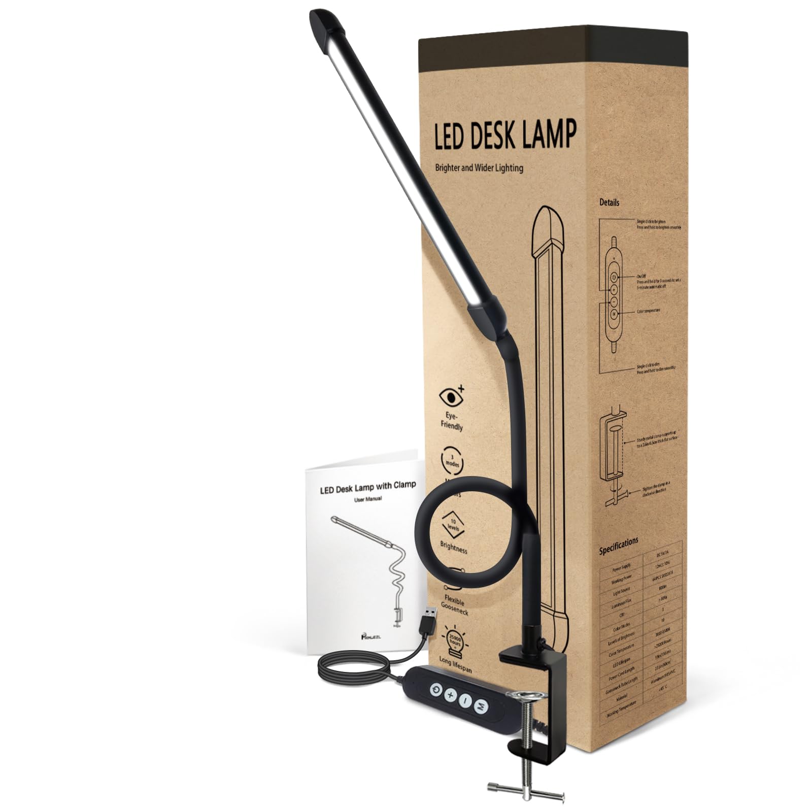 Adjustable LED Desk Lamp with Clamp - 30 Color Modes, Flexible Gooseneck, Eye-Caring Clip Light for Study, Work & Office (Black, 12W) - Perfect for Reading, Crafting & Nighttime Use