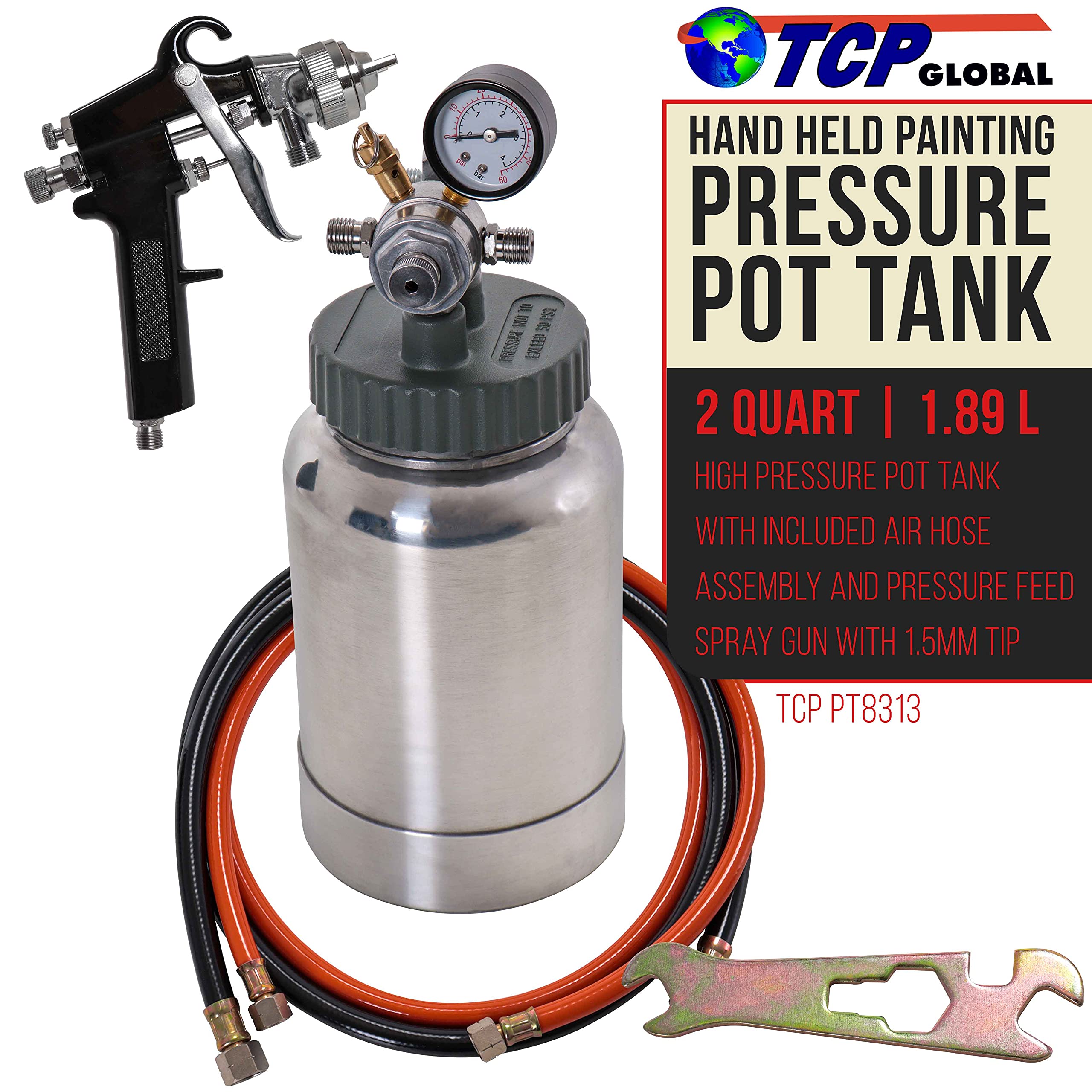 TCP Global 2 Quart Spray Paint Pressure Pot Tank with Master Elite 55 Series HVLP Spray Gun - 1.2mm Tip & 6' Air/Fluid Hose - Professional Automotive, Woodworking & DIY Painting Tool for Home Projects & Industrial Use