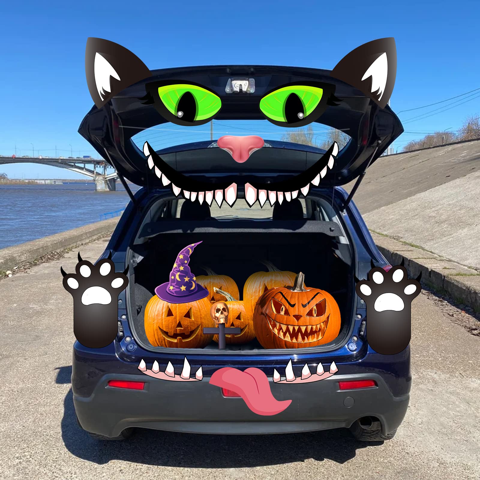 POILKMNI Halloween Black Cat Trunk or Treat Car Decor Kit - Double-Sided Stickers with Glowing Eyes, Fangs & Tongue for SUV, Truck & Garage Door - Spooky Halloween Vehicle & Home Decorations for Parties & Trick-or-Treating