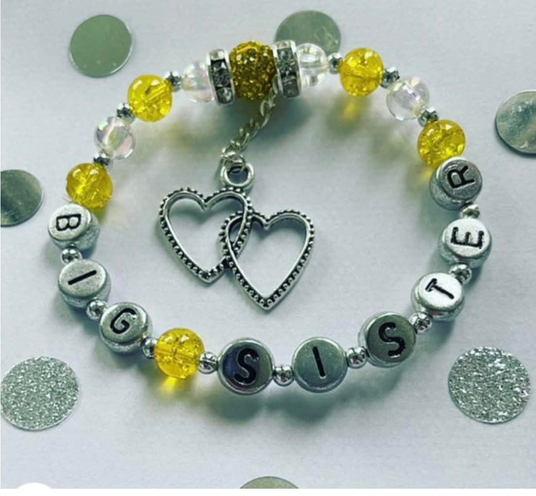 Yellow Shamballa Beaded Bracelet - Initial Wording Stretch Gift for Sister - Perfect for Birthdays & Sibling Gifts