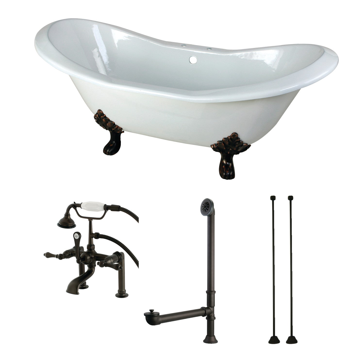 72 Inch White Cast Iron Clawfoot Bathtub with Oil Rubbed Bronze Faucet - Oval Double Slipper Design with Drain & Supply Lines - Perfect for Vintage Bathroom Renovation & Luxury Spa Retreats