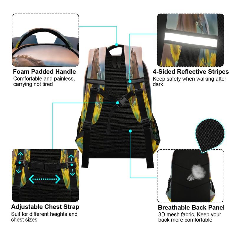 Horse Sunflower Kids Backpack for School - Durable Student Bookbag for Boys & Girls - Lightweight Casual Daypack for Travel, Hiking & Outdoor Activities