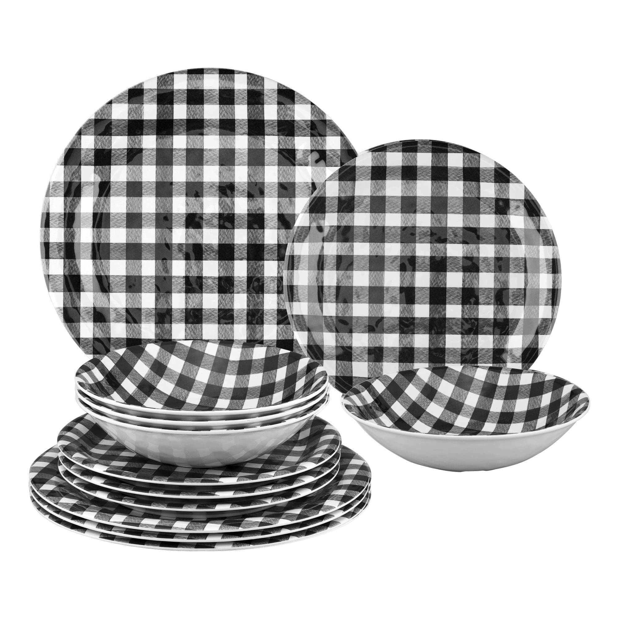 UPware 12-Piece Melamine Dinnerware Set - 4 Dinner Plates, 4 Salad Plates & 4 Bowls for 4-Person Service - Durable & Lightweight Black Gingham Design - Perfect for Outdoor Dining, Picnics, Camping & Everyday Use