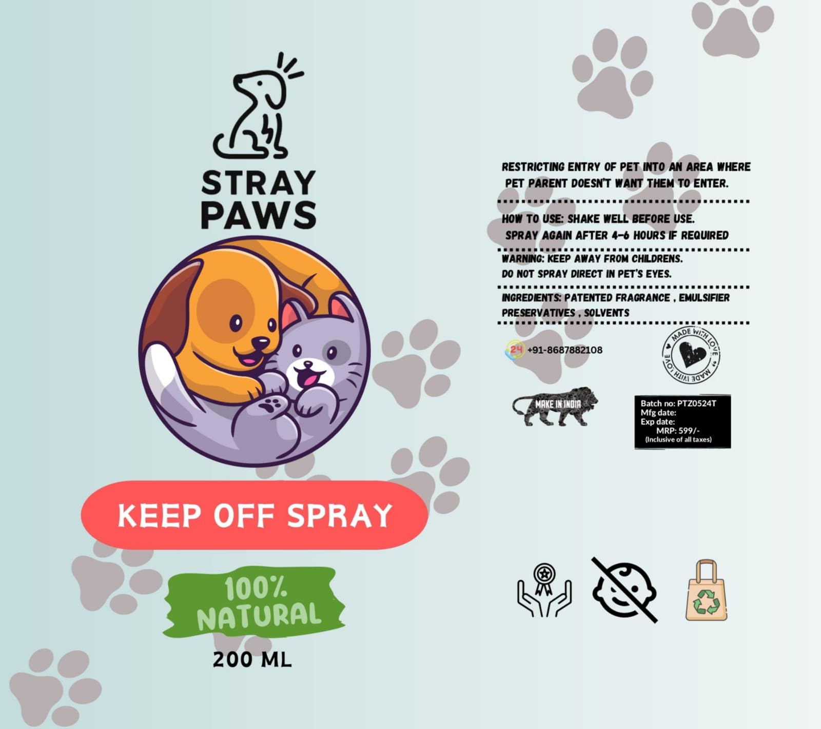 Stray Paws Keep Off Spray for Dogs & Cats - 200ml Pet Repellent to Deter Stray Animals from Kids, Adults, Vehicles & Cars | Indoor & Outdoor Use | Pack of 2 | Perfect for Yards, Gardens & Driveways