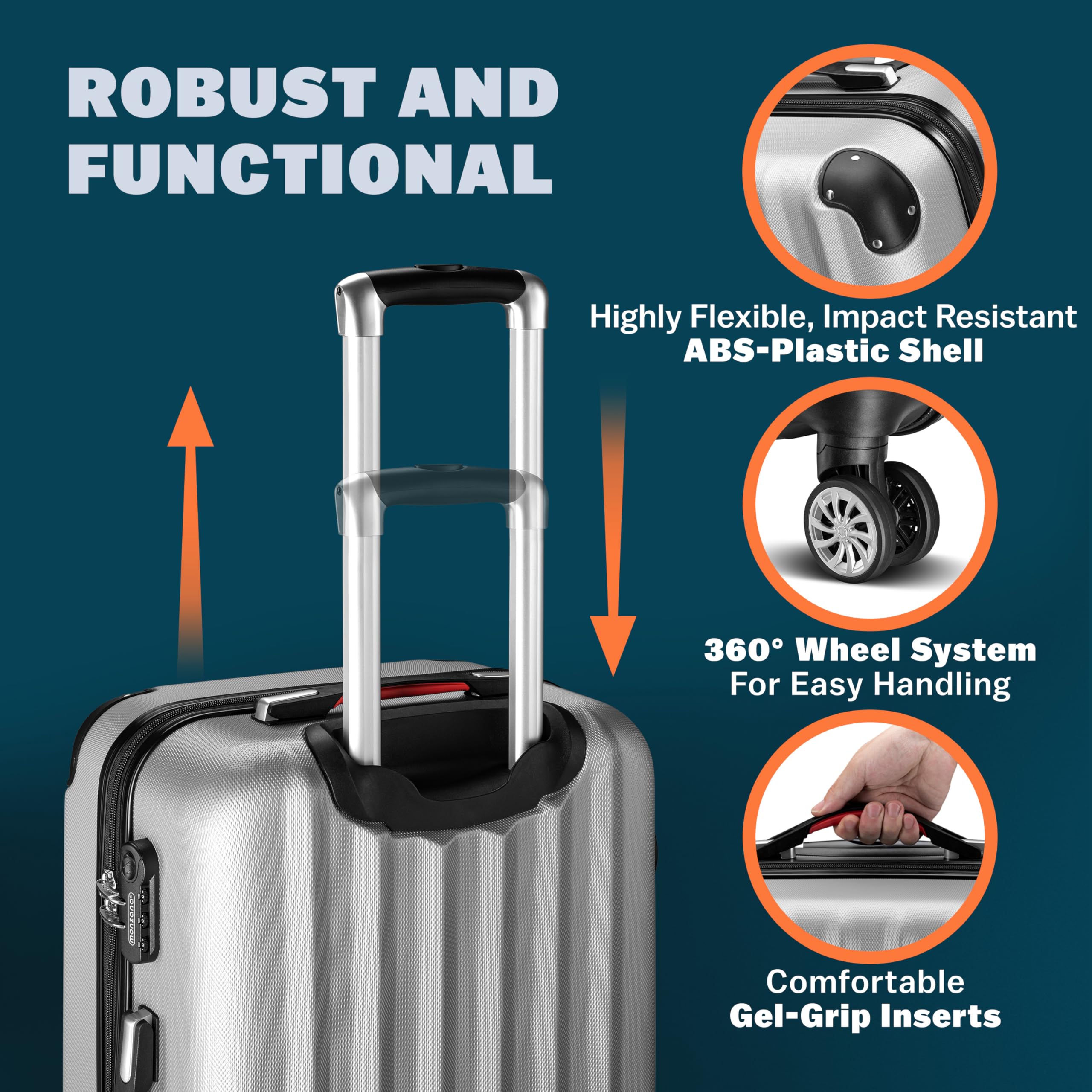 Monzana® 3-Piece ABS Hard Shell Travel Suitcase Set with 4 Spinner Wheels - Scratch Resistant Lightweight Luggage in Silver (Medium, Large, XL) - Perfect for Business Trips, Vacations & Air Travel