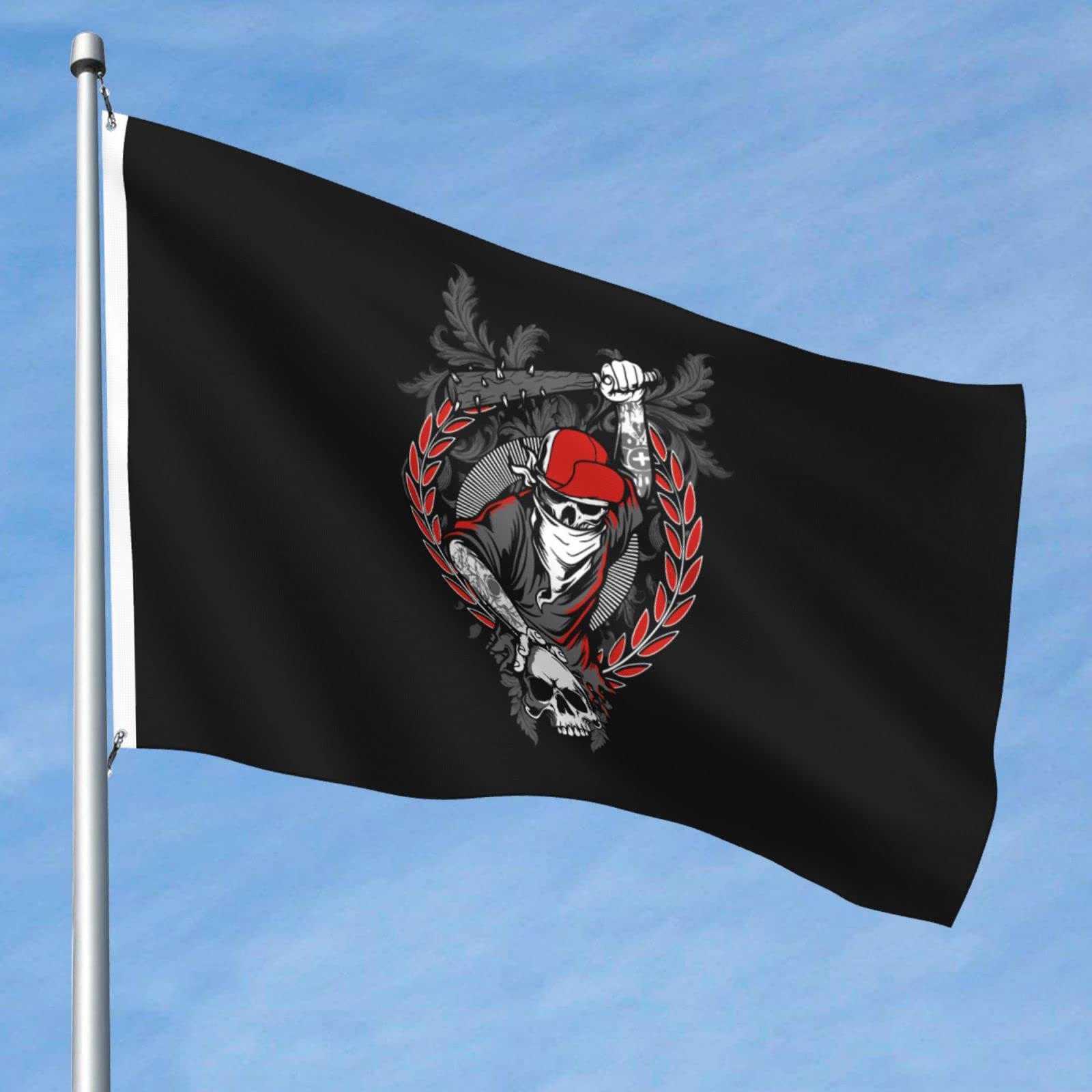 POOEDSO Bandit Skull Flag - 5x8 Ft Double Sided Outdoor Polyester Flag with Funky Hat & Skeleton Hand Holding Crossed Baseball Bats - Lightweight Funny Yard Decoration for Halloween, Man Cave, Tailgating Parties & Home Decor