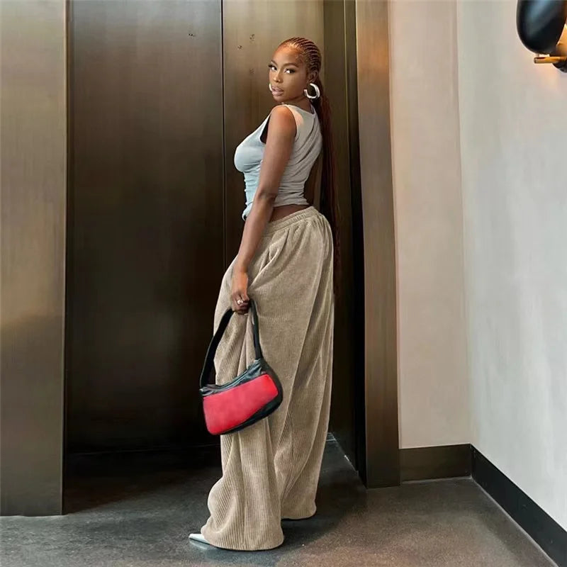 Y2K Corduroy Wide Leg Pants for Women - High Waist Casual Streetwear with Pockets | Autumn Winter Loose Fit Long Pants | Perfect for Everyday Wear, Office & Fashion Outfits