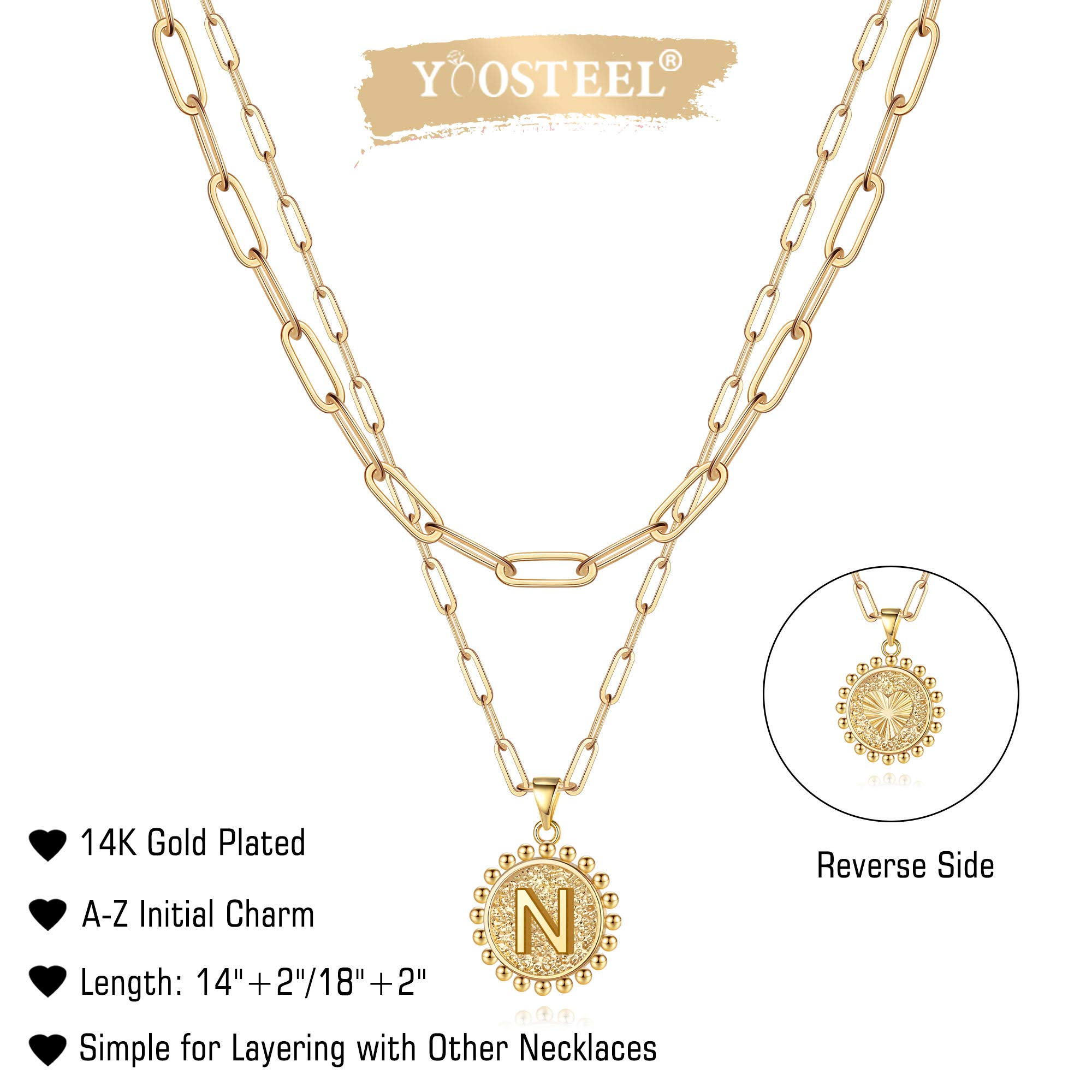 Yoosteel 14K Gold Plated Initial Necklace for Women - Personalized Dainty Paperclip Link Chain Layering Necklace, Easter Basket Stuffers & Gifts | Perfect for Everyday Wear, Layering, and Special Occasions