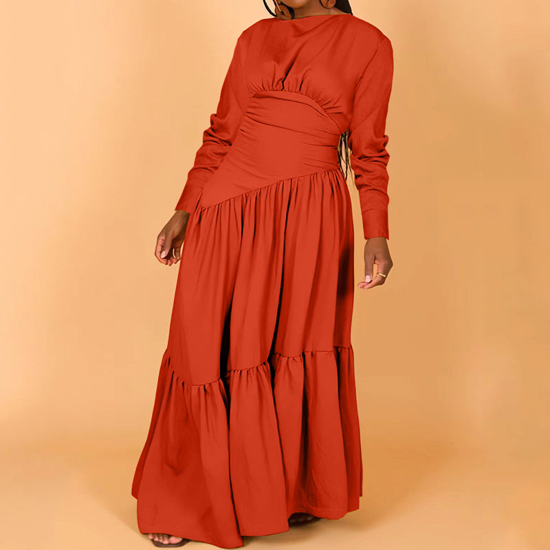 Elegant Solid Color Long Sleeve Ruffled Dress for Women - Perfect for Office Wear, Parties & Special Occasions