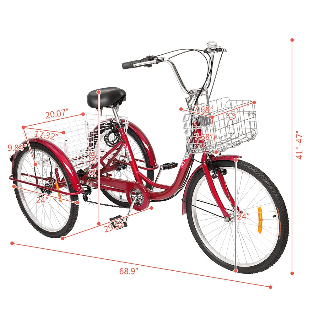 PEXMOR 24/26 Inch 7-Speed Adult Tricycle for Women, Men & Seniors - 3 Wheel Cruiser Bike with Folding Front & Rear Basket - Perfect for Shopping, Recreation, Picnics & Outdoor Activities