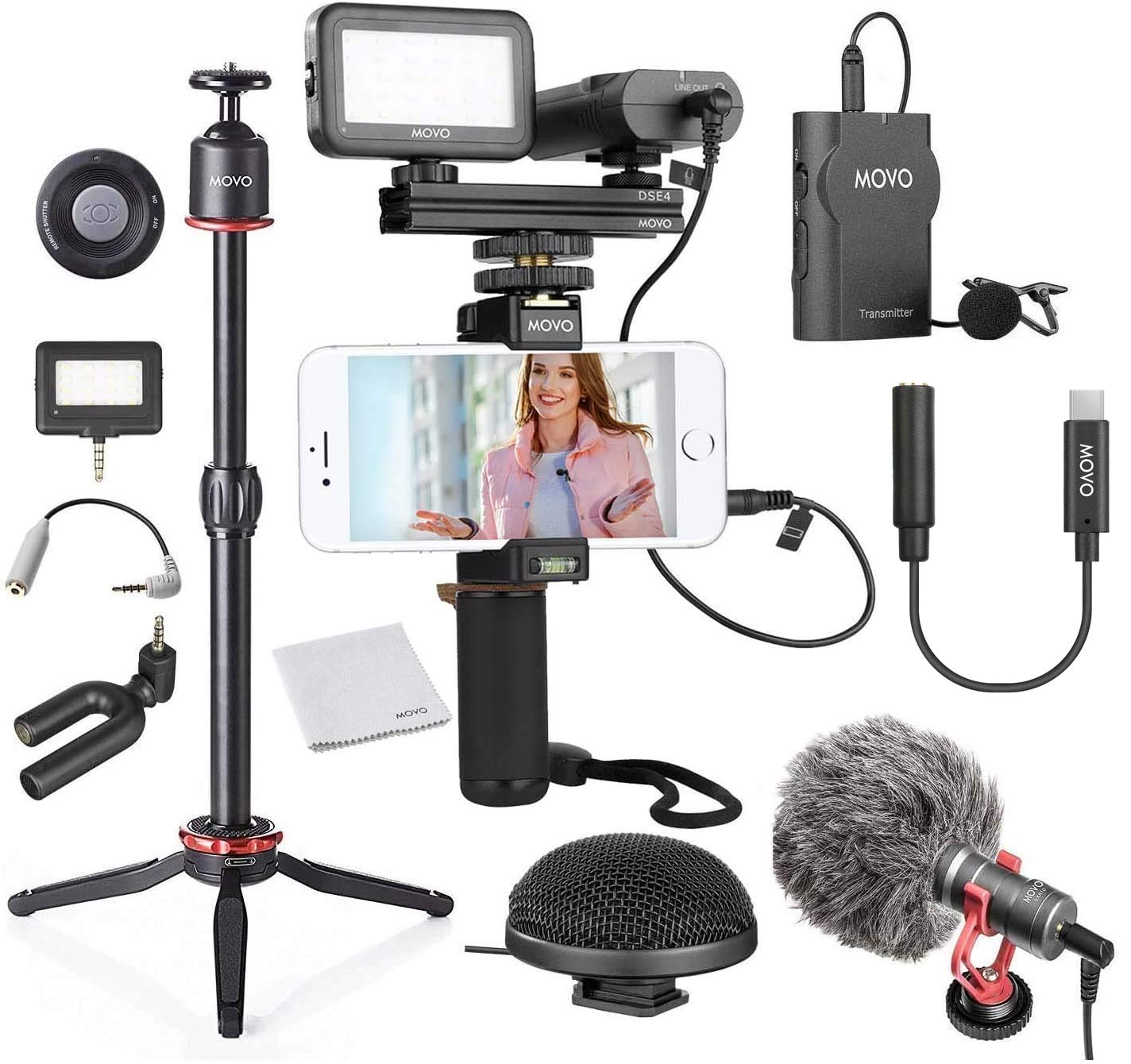 MOVO Huge Smartphone Vlogging Kit V8 - USB Type-C Dongle, Mini Tripod, Grip Rig, Wireless Shotgun Mic, 360° Stereo Microphones & LED Lights - Perfect for TikTok, YouTube Live Streaming & Content Creation (Ideal for Vloggers, Travel Videos & Social Media Content)