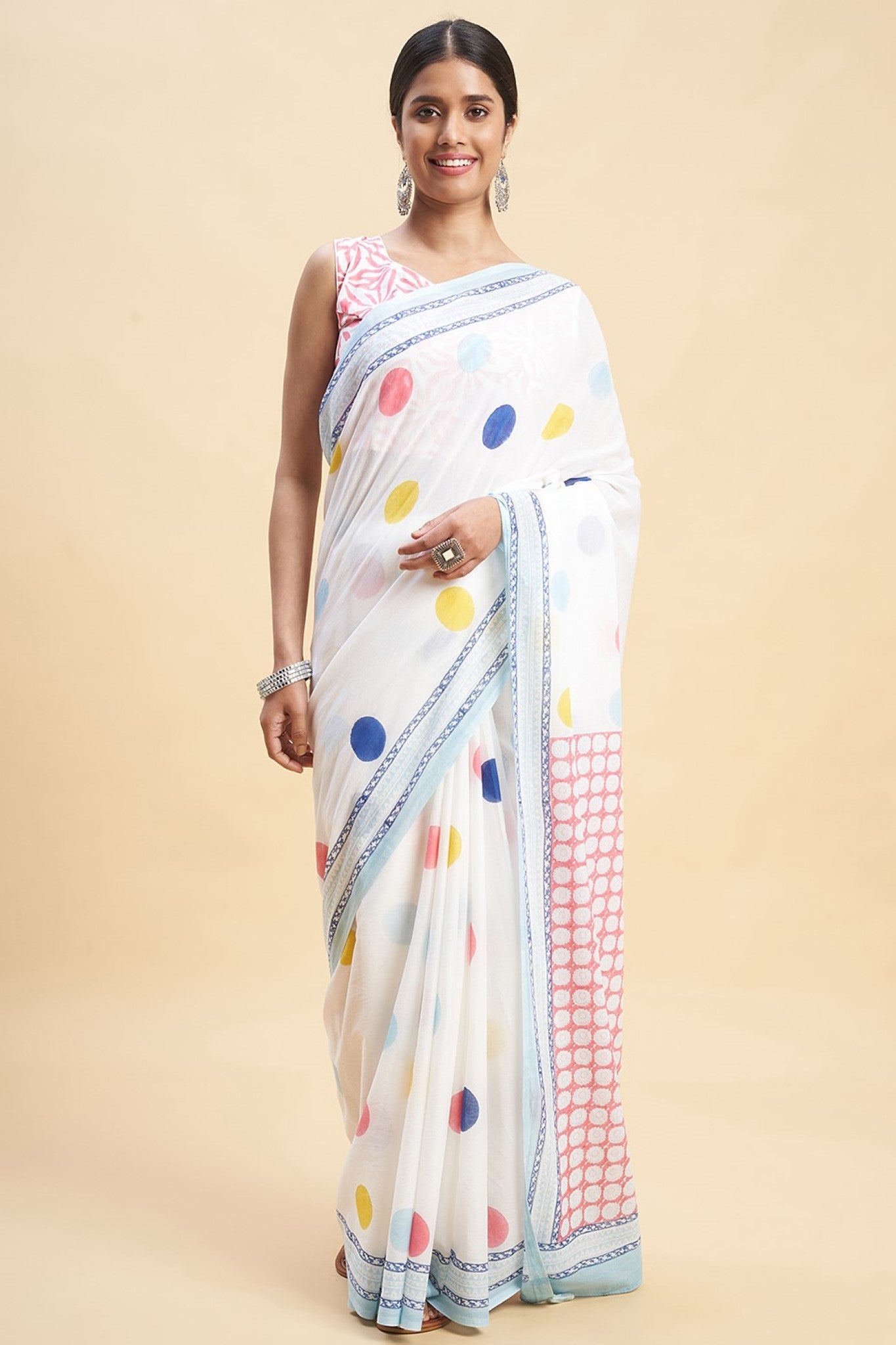 Ocean Pearls Handmade Block Printed Cotton Saree - Traditional Indian Saree for Women - Perfect for Weddings, Festivals & Cultural Events