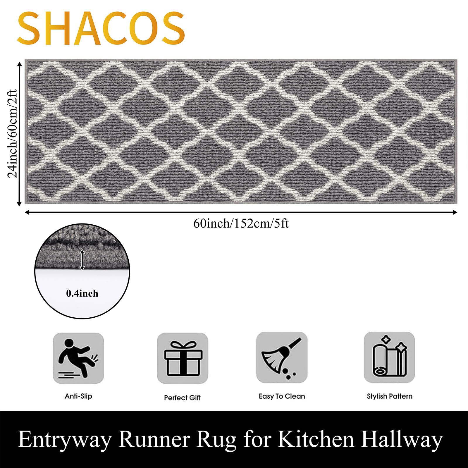 SHACOS 2x5 ft Washable Non-Slip Entryway Runner Rug with Rubber Backing - Dirt Trapping Floor Mat for Kitchen, Bedroom, Hallway, Laundry Room & Front Door (Light Gray) | Perfect for High Traffic Areas & Muddy Shoes