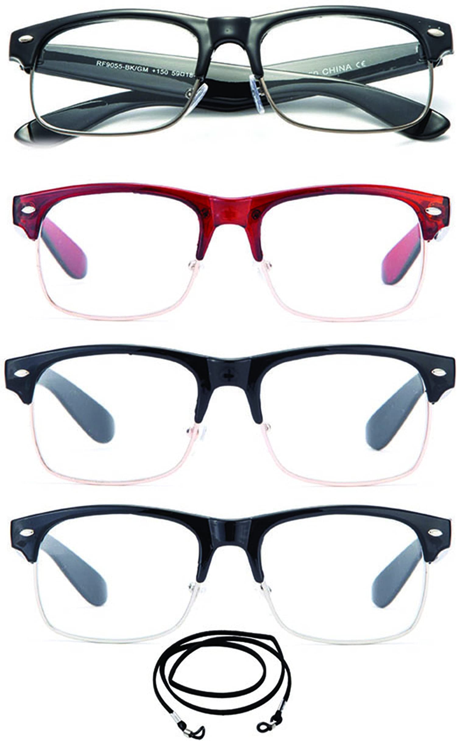 Newbee Fashion 4 Packs Horn Rimmed Half Frame Reading Glasses - Semi Rimless Readers with Lanyard +2.50 Strength - Lightweight & Stylish for Reading, Office Work, and Computer Use