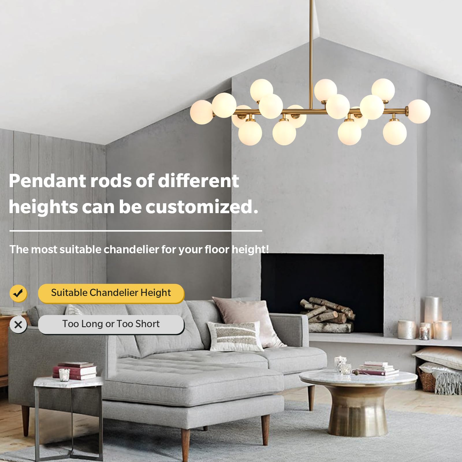 Mid Century Modern Gold Dining Room Chandelier - 16-Light Linear Pendant Lighting with White Glass Globe Shades for Kitchen Island, Dining Table & Living Room | Elegant Vintage Ceiling Light Fixture