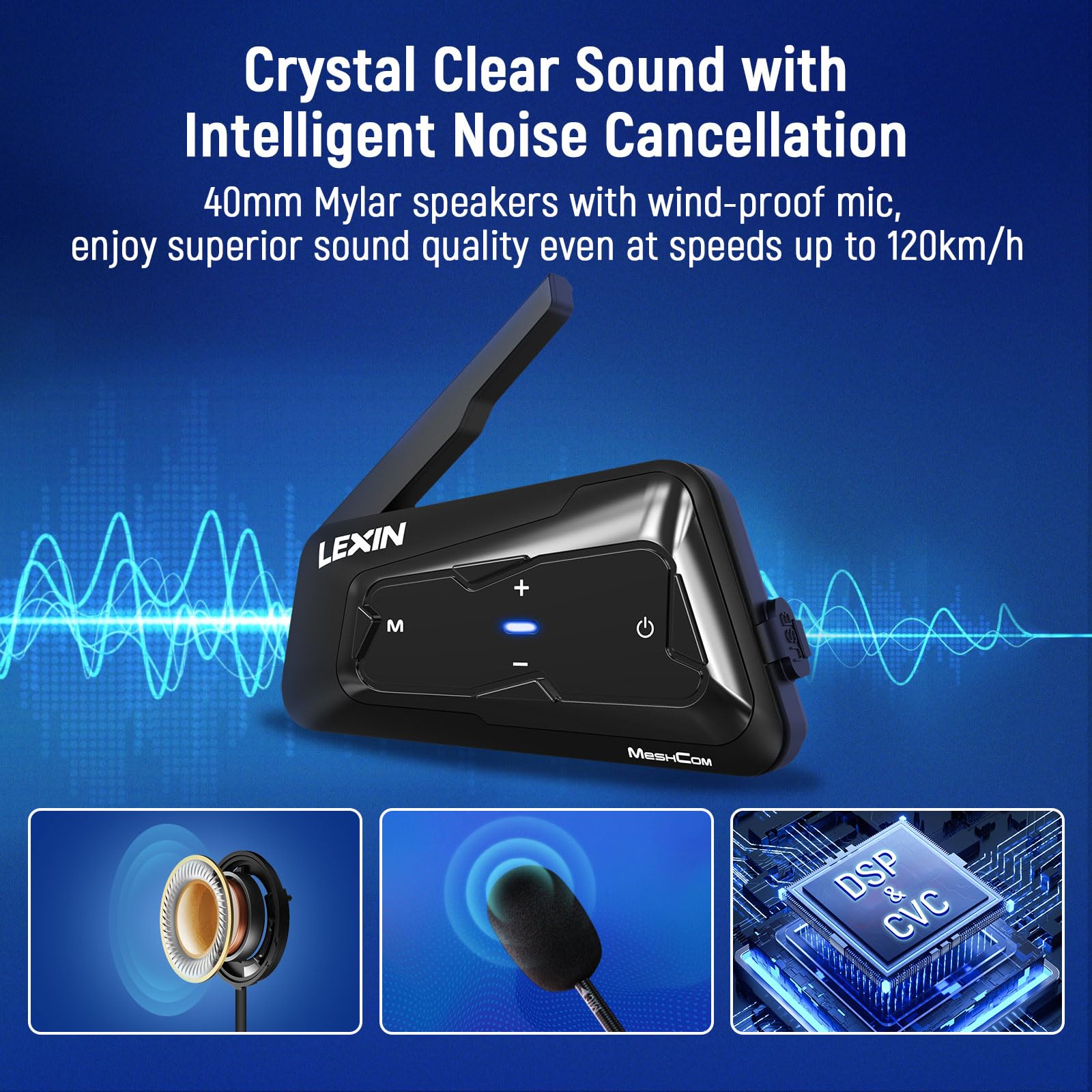 LEXIN MeshCom Motorcycle Bluetooth Headset - Mesh Group Helmet Communication System with Audio Multitasking, Music Sharing & IP67 Waterproof - Dual Pack for Riders (Ideal for Group Rides, Touring & Daily Commuting)