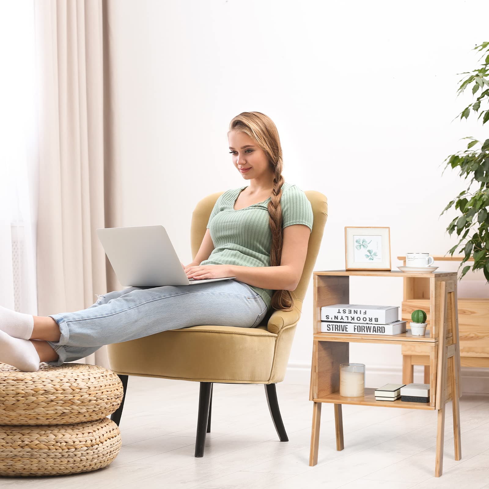GORELAX Set of 2 Bamboo Nightstands with Open Storage Shelf - Stackable Narrow Rectangular Rustic Wood End Tables for Small Spaces - Perfect for Bedroom, Living Room, Apartment & Dorm Organization