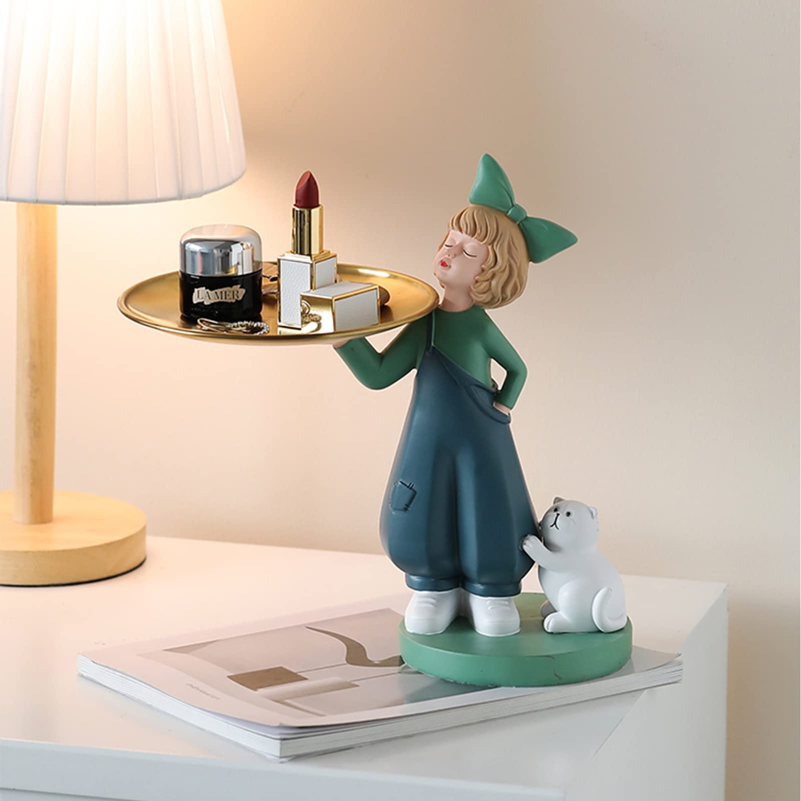 Cute Girl Cat Resin Statue with Storage Tray - Modern Home Decor Sculpture for Jewelry, Keys & Candy Storage | Desktop Organizer for Office & Bedroom Decor