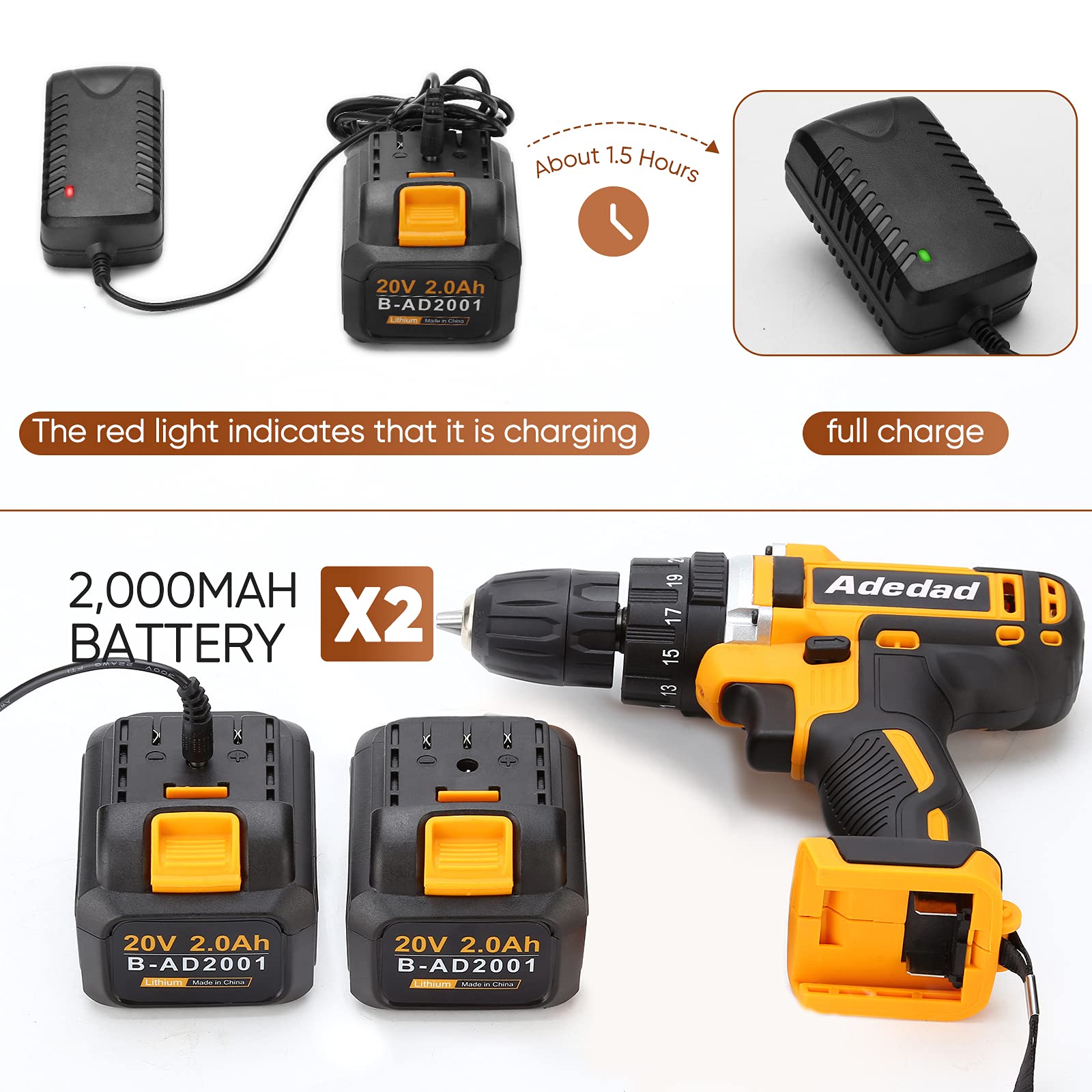 20V Cordless Drill Set with 2 Batteries & Charger - 300 in-lbs Torque, 3/8