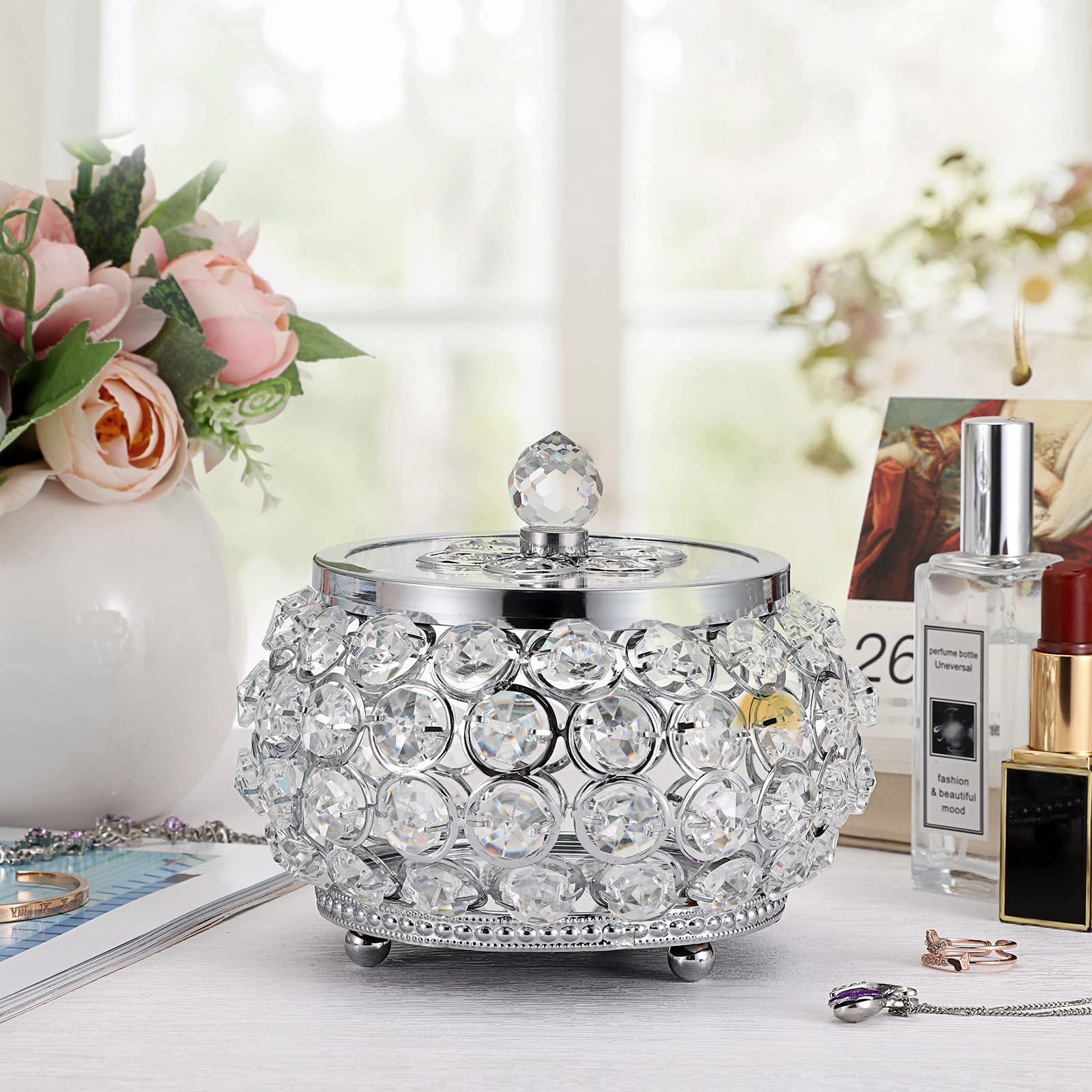 Hipiwe Silver Mirrored Jewelry Box with Glass Lid - Elegant Crystal Trinket Box for Ring, Earrings & Necklace Storage - Perfect Gift for Women & Girls - Ideal for Vanity, Dresser & Travel Organizer