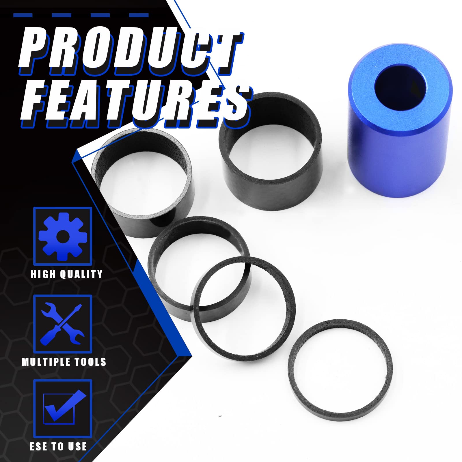 Glarks 15Pcs Bike Fork Star Nut Headset Spacer Installation Tool Kit - Professional Bicycle Fork Installer Setting Tool with Rubber Hammer, Star Nuts & 3/5/10/15/20mm Carbon Fiber Headset Spacers - Perfect for DIY Bike Repair and Maintenance