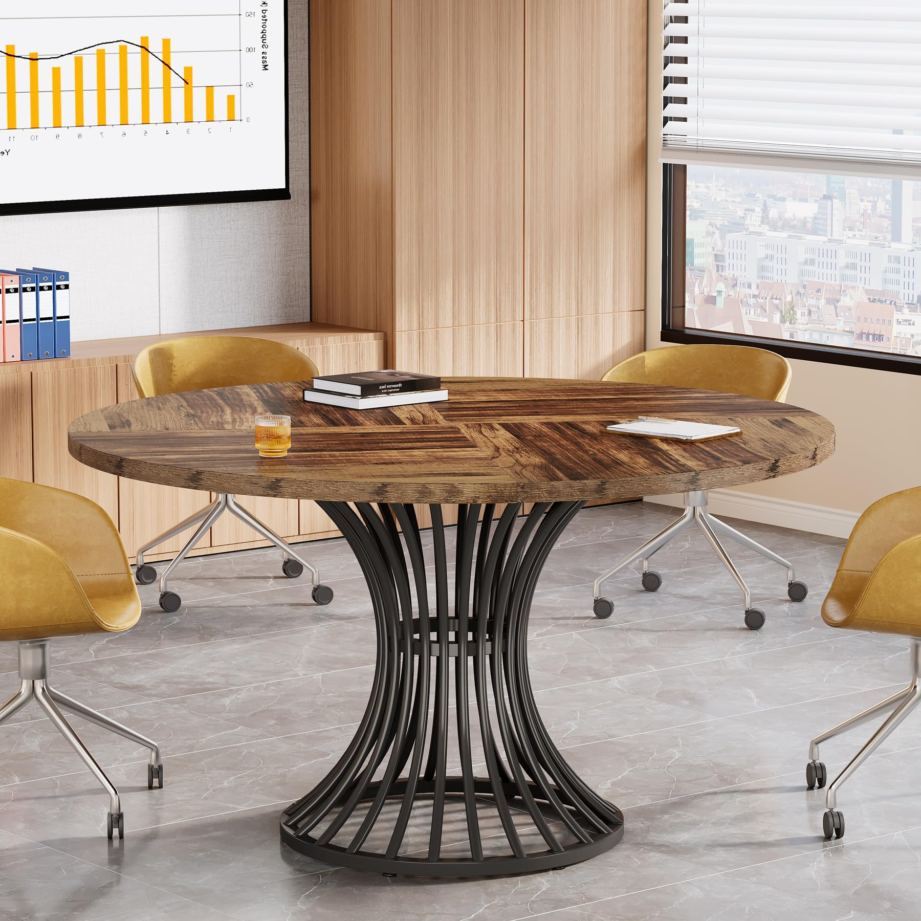 Tribesigns 47-Inch Round Conference Table for 4-6 People - Thickened Wood Tabletop & Sturdy Metal Base - Industrial Style Office Meeting Table in Rustic Brown - Perfect for Small Conference Rooms, Team Meetings & Collaborative Workspaces