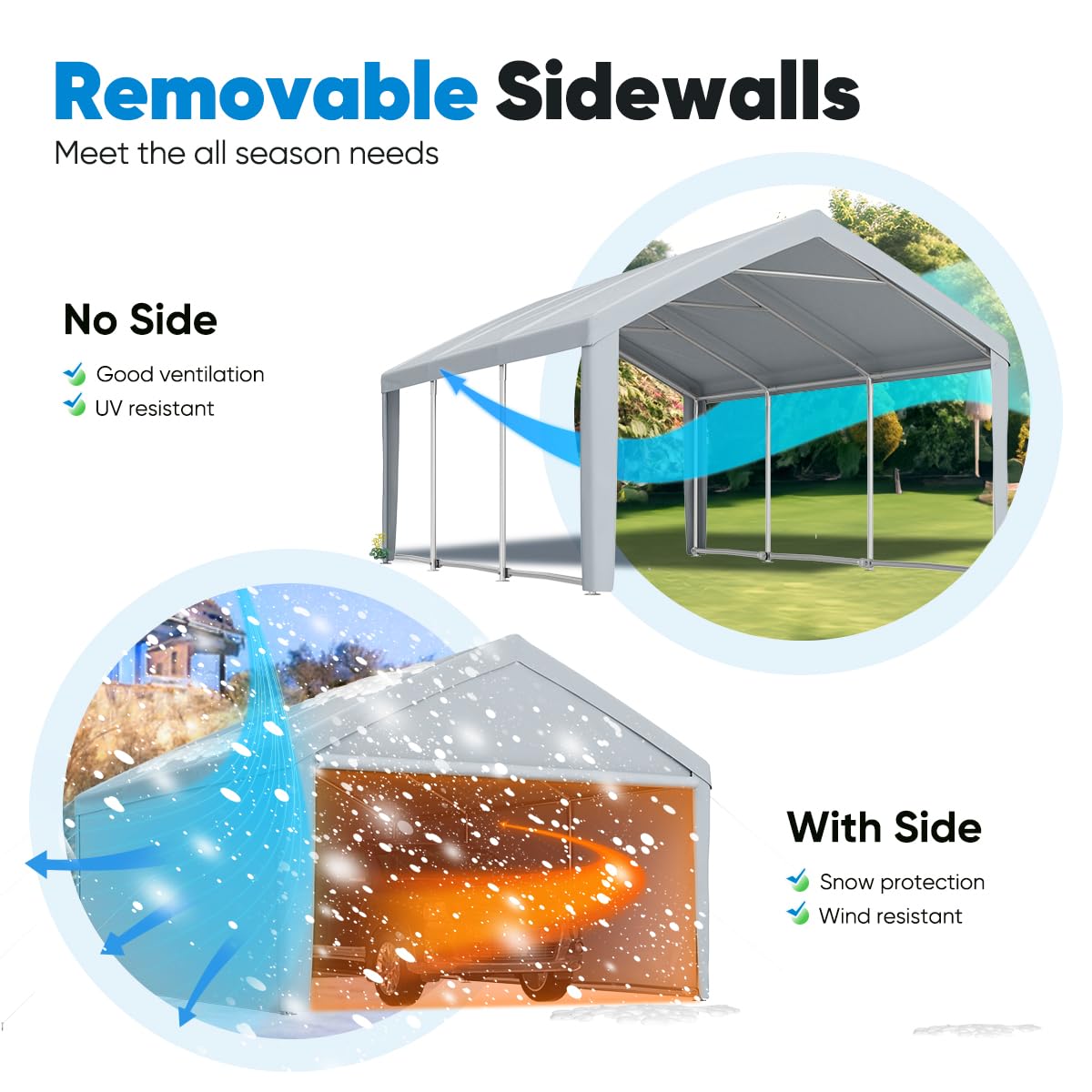 Quictent 13x20 FT Heavy Duty Galvanized Steel Carport Canopy - Weatherproof Car & Boat Shelter with Reinforced Top Poles, Removable Sidewalls & Ground Bar (Grey) - Perfect for Vehicle Protection, Outdoor Storage & RV Cover