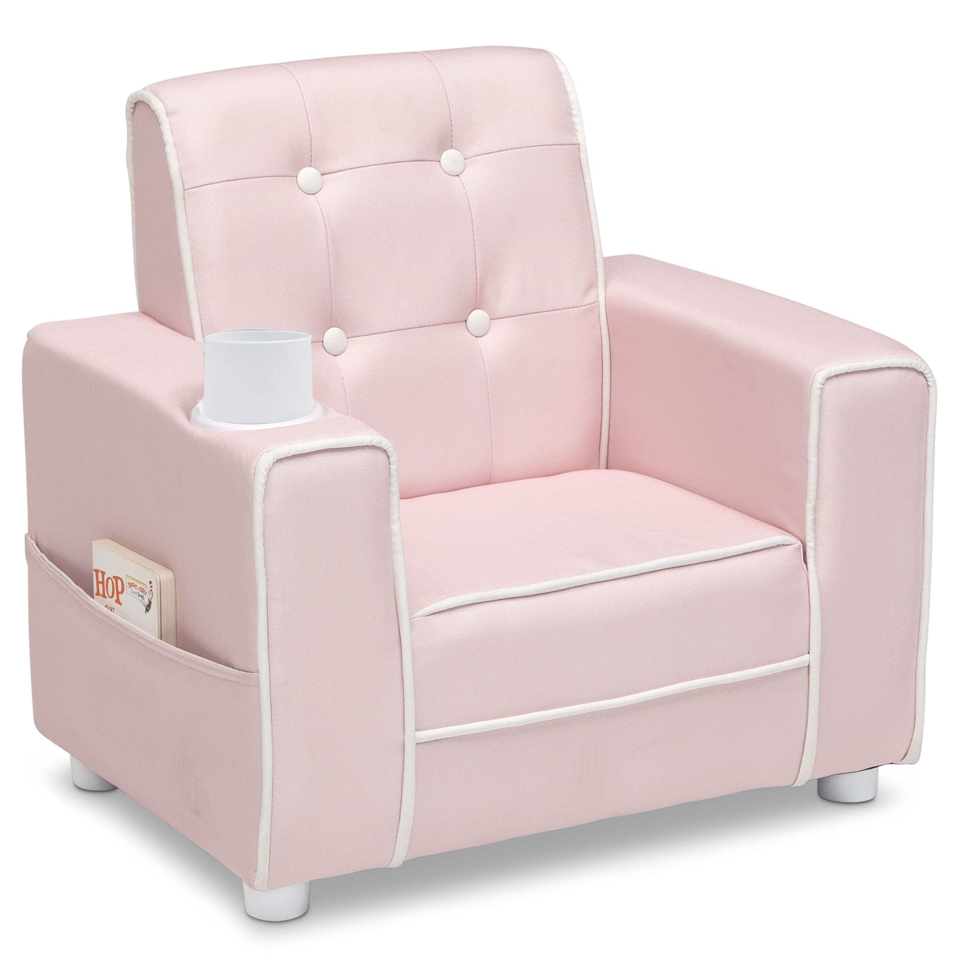 Delta Children Chelsea Kids Upholstered Chair with Cup Holder - Pink Toddler Chair for Bedroom, Playroom & Reading Nook | Comfortable Seating for Kids Ages 3-8