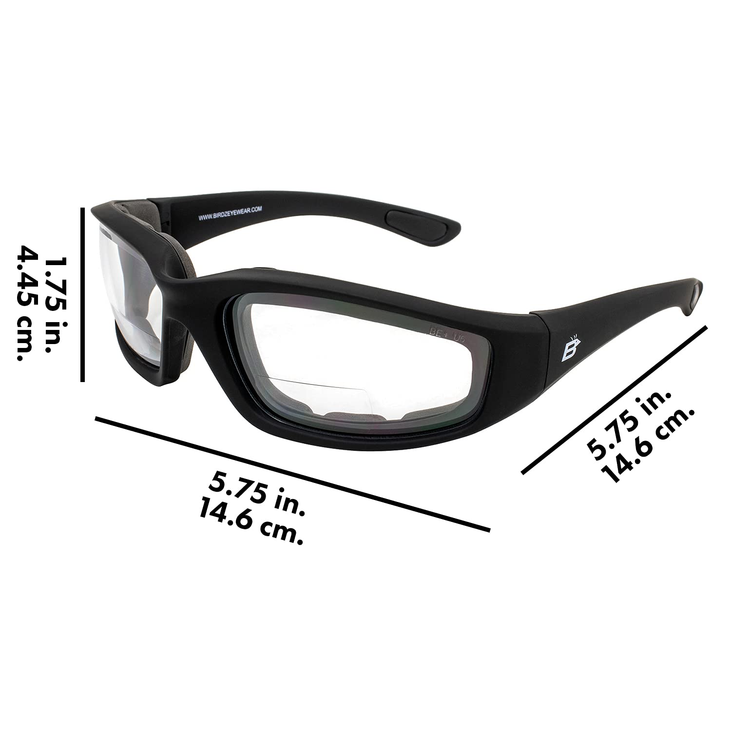 Birdz Eyewear Oriole Padded Safety Bifocal Motorcycle Glasses - Black Frame with Clear Lenses (2.0 Magnification) & Carry Bag - Perfect for Riding, Cycling, and Outdoor Activities