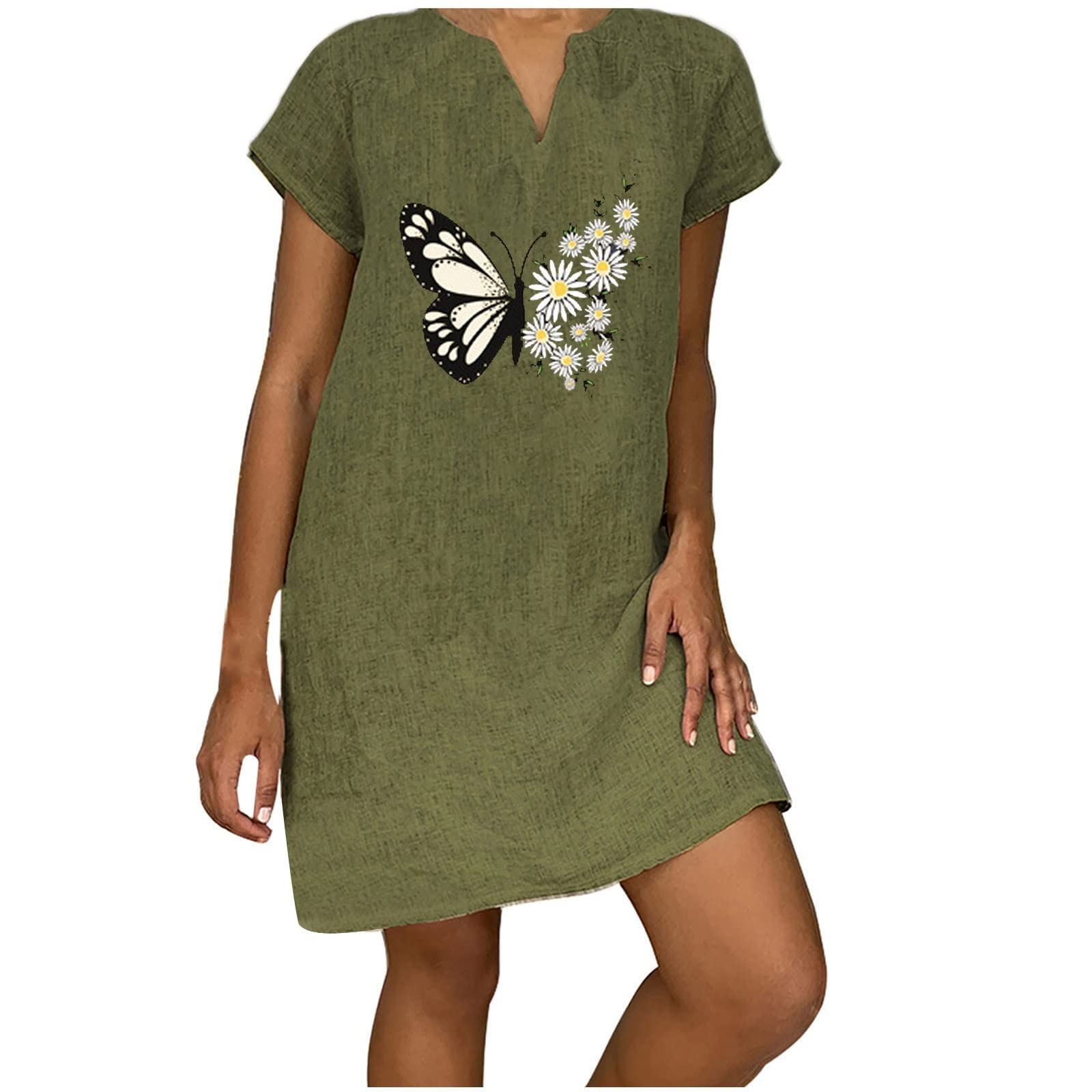 SERYU Women's Summer V-Neck Short Sleeve Cotton Linen Dress - Casual Loose Shift Dress with Floral Pattern for Beach, Vacation & Everyday Wear