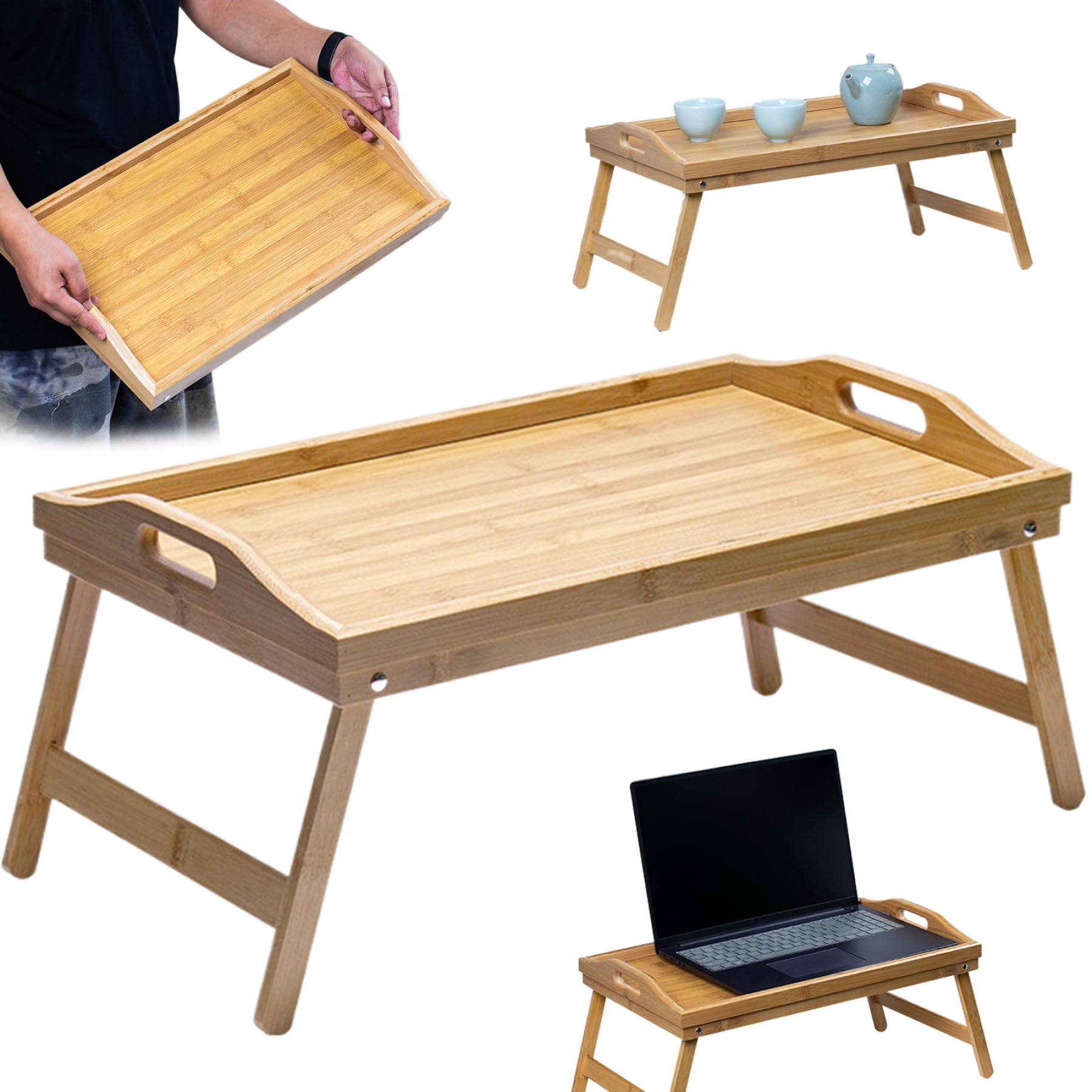 Foldable Wooden Breakfast Tray with Legs and Handles - 11.8x19.7x9.3 Inch Sturdy Bed Tray Table for Breakfast in Bed, Laptop Work, Reading or Snacking - Perfect for Home, Office and Dorm Room Use