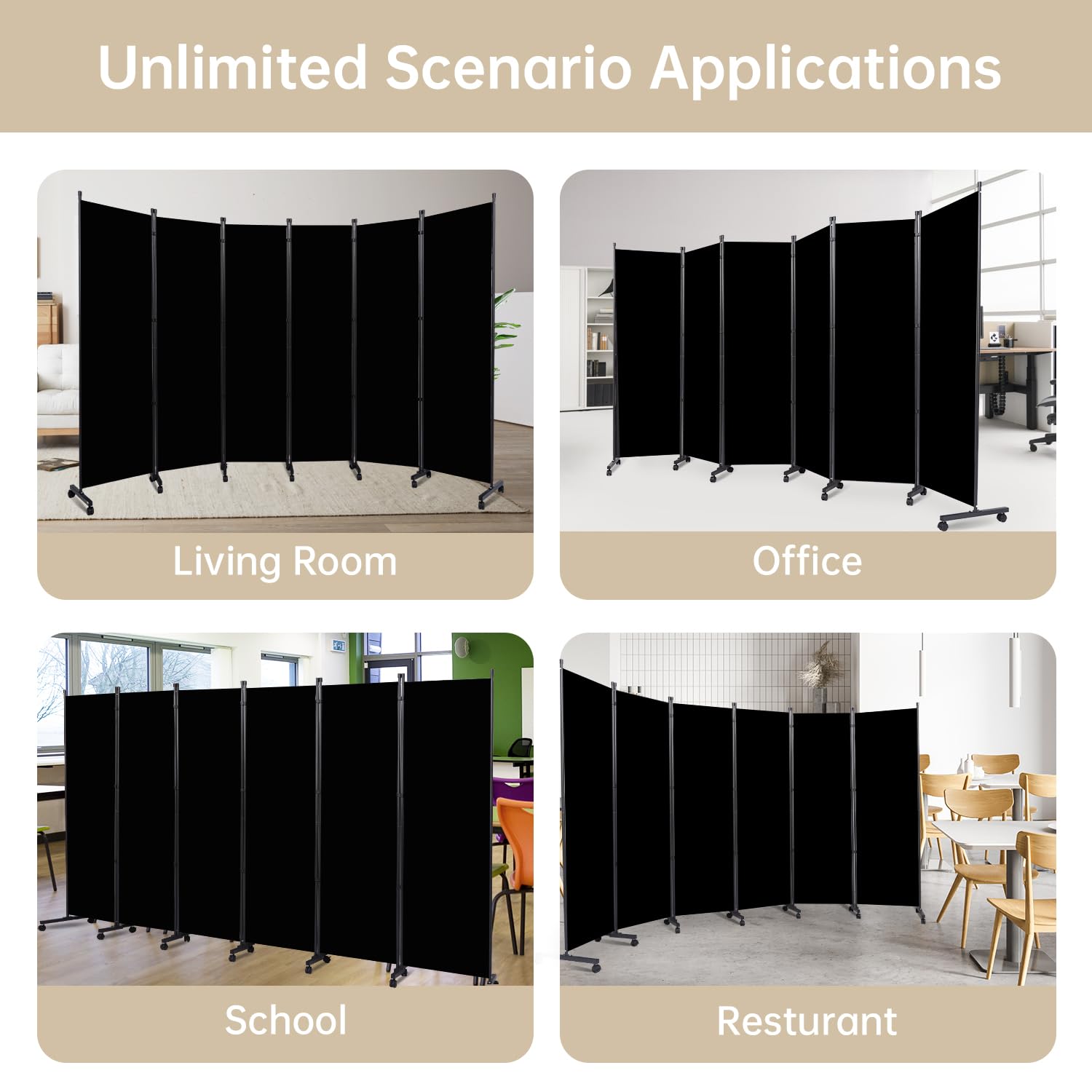 6 Panel Room Divider with Wheels - Portable Fabric Partition Screen for Office, Bedroom & Living Room - Privacy Room Separator for Home & Workspace | Perfect for Creating Private Spaces in Open Areas