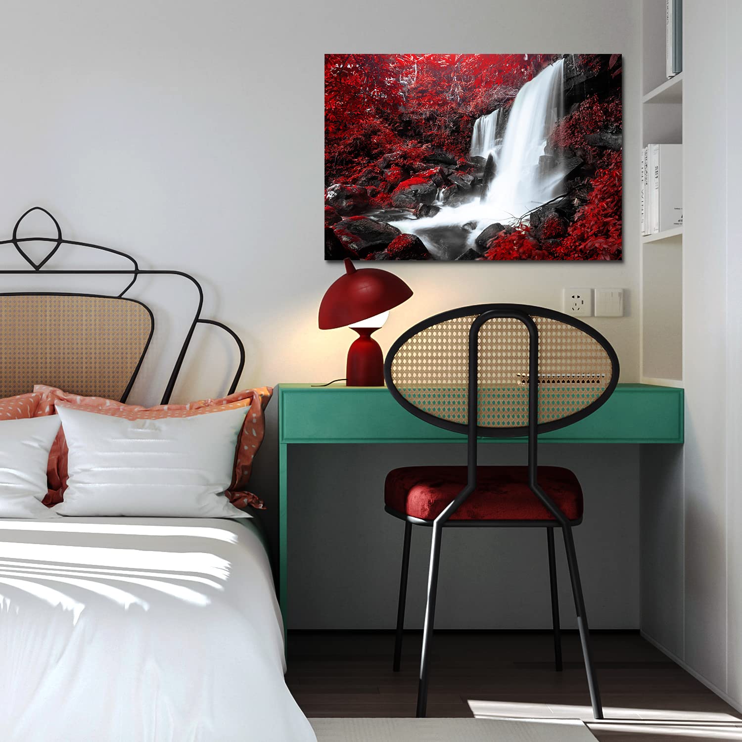 Nature Wall Art Waterfall Landscape Canvas Print - Red & Black Mountain Forest Scenic Painting for Bedroom, Bathroom, Living Room Decor - 16x24 Inch Tropical Trees Artwork | Perfect for Home, Office & Spa Relaxation Spaces