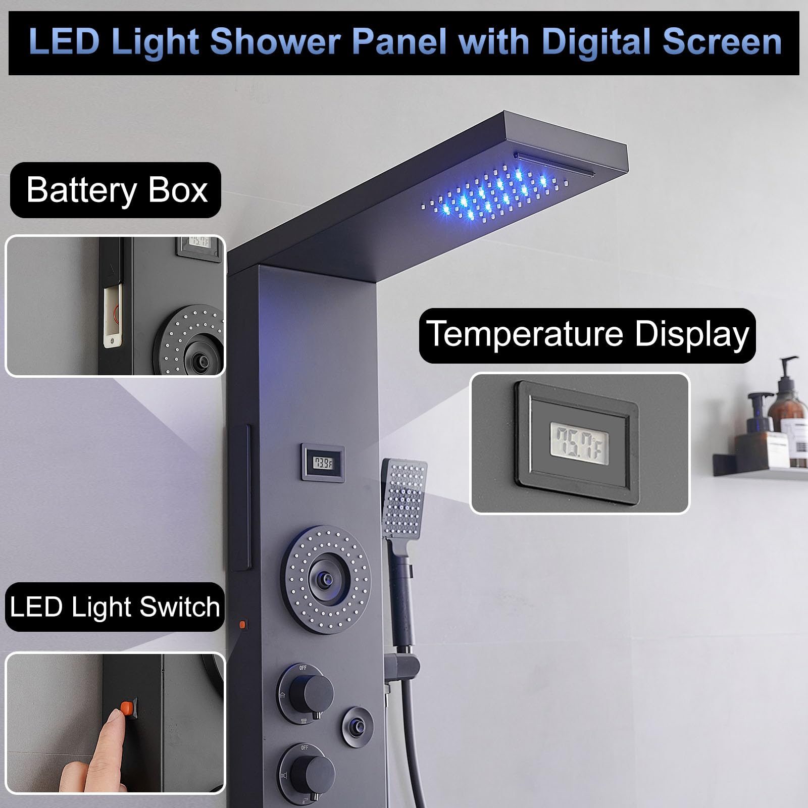 LED Rainfall Shower Panel System - 6 Function Wall Mounted Shower Tower with Handheld Spray, Body Jets & Temperature Display | Perfect for Spa-Like Bathroom Experience, Luxury Home Renovation & Relaxing Water Massage