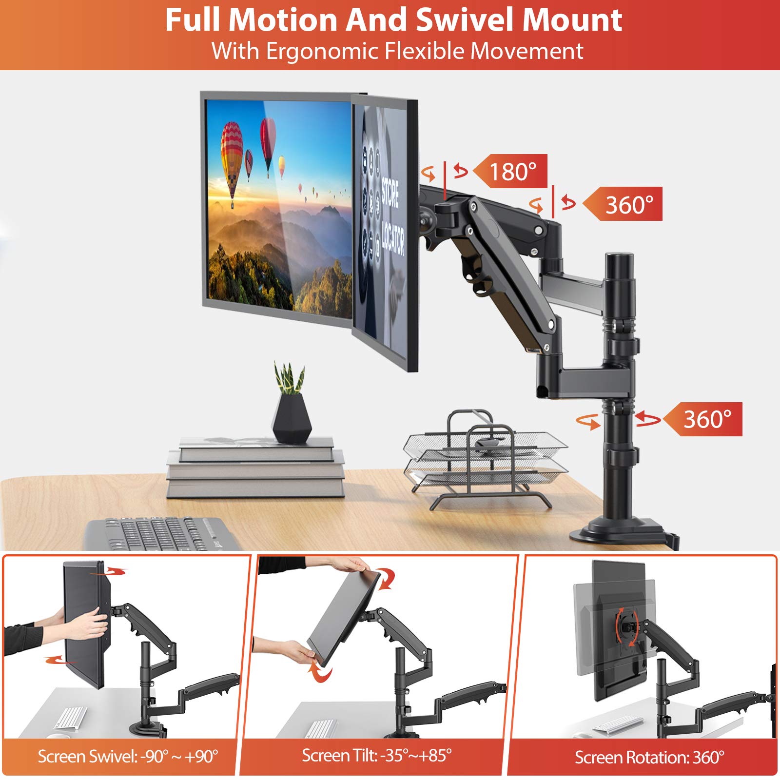 ErGear Dual Monitor Mount Arm 13-32 Inch - Adjustable Gas Spring Desk Stand with VESA 75/100mm, C Clamp & Grommet Mounting for Flat/Curved Screens (Holds 26.5lbs) - Perfect for Home Office, Gaming Setup & Workspace Ergonomics