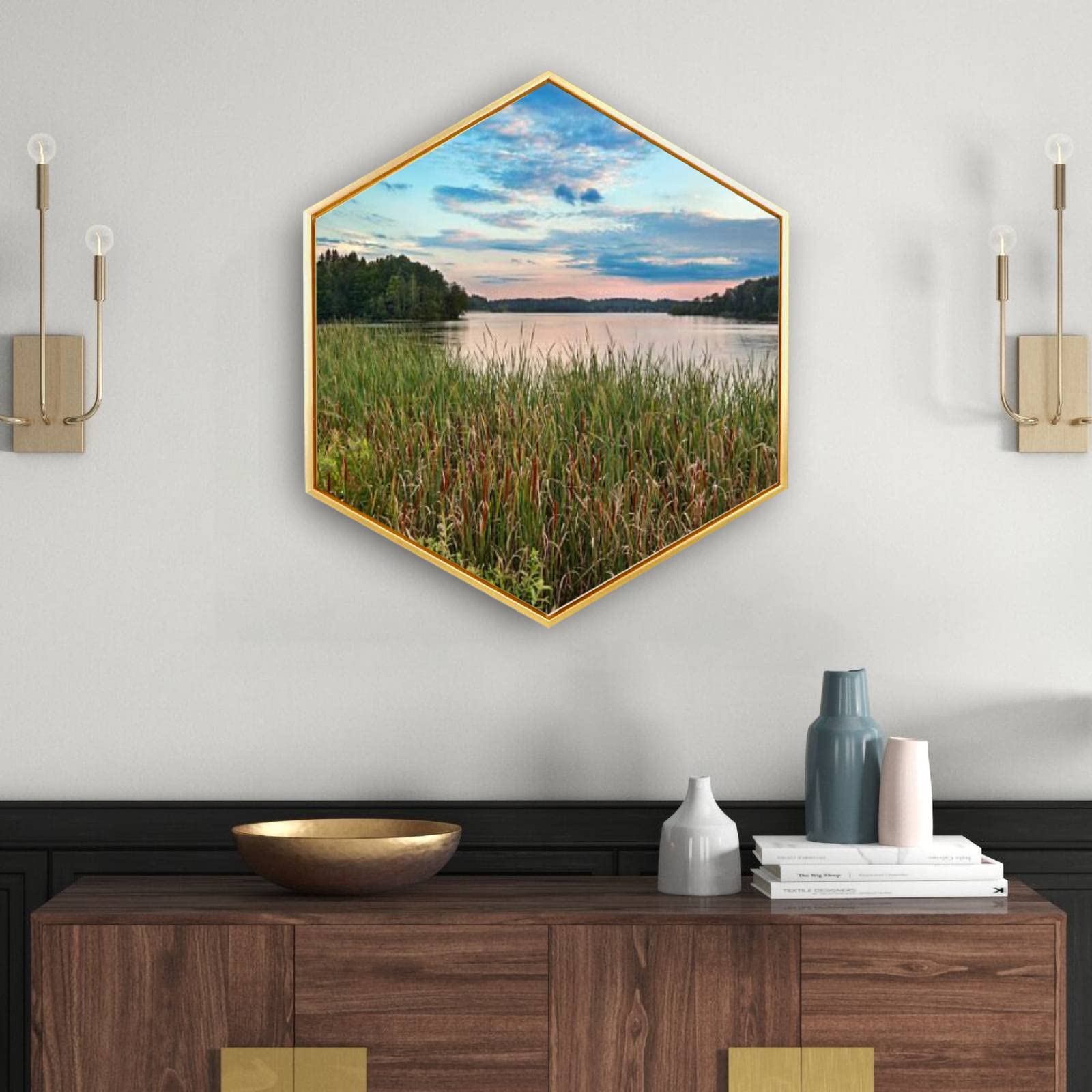 Golden Framed Canvas Wall Art - Pontoosuc Lake Giclee Print, Minimalist Modern Hexagon Decor for Home & Office, Ready to Hang | Perfect for Living Room, Bedroom & Workspace