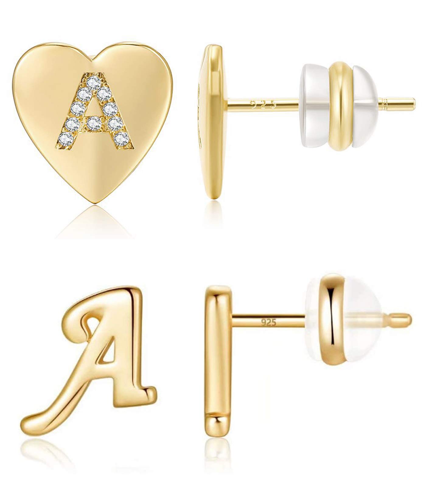 2 Pairs Initial Stud Earrings Set - Hypoallergenic Cubic Zirconia 14K Gold Plated Sterling Silver Post Earrings for Women & Girls - Perfect for Gifts, Birthdays, Anniversaries & Everyday Wear