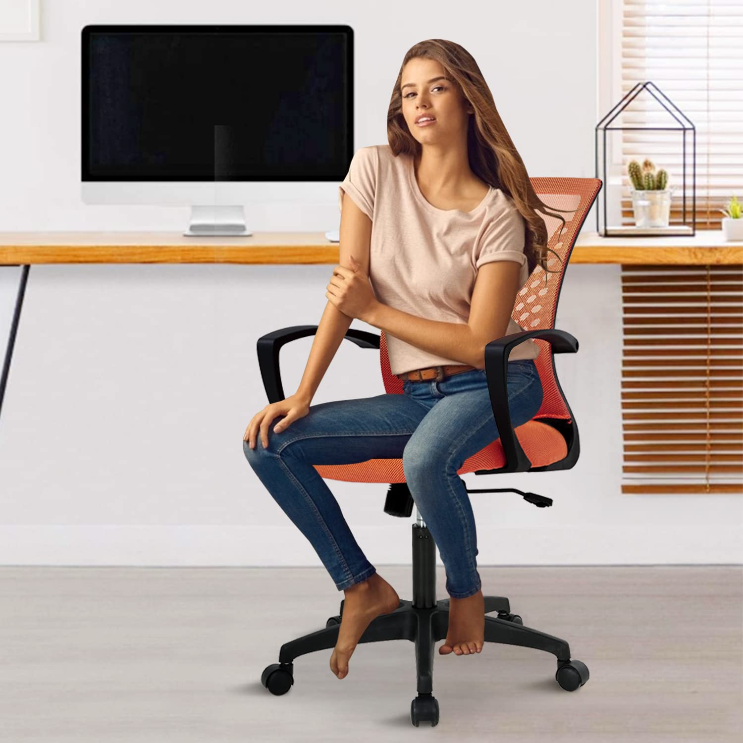 Ergonomic Office Chair for Women - Mid Back Swivel Computer Mesh Chair with Adjustable Armrest & Lumbar Support - Cute Soft Desk Chair for Home Office, Meeting Room & Workspace - Perfect for Long Hours of Comfortable Working & Video Conferencing