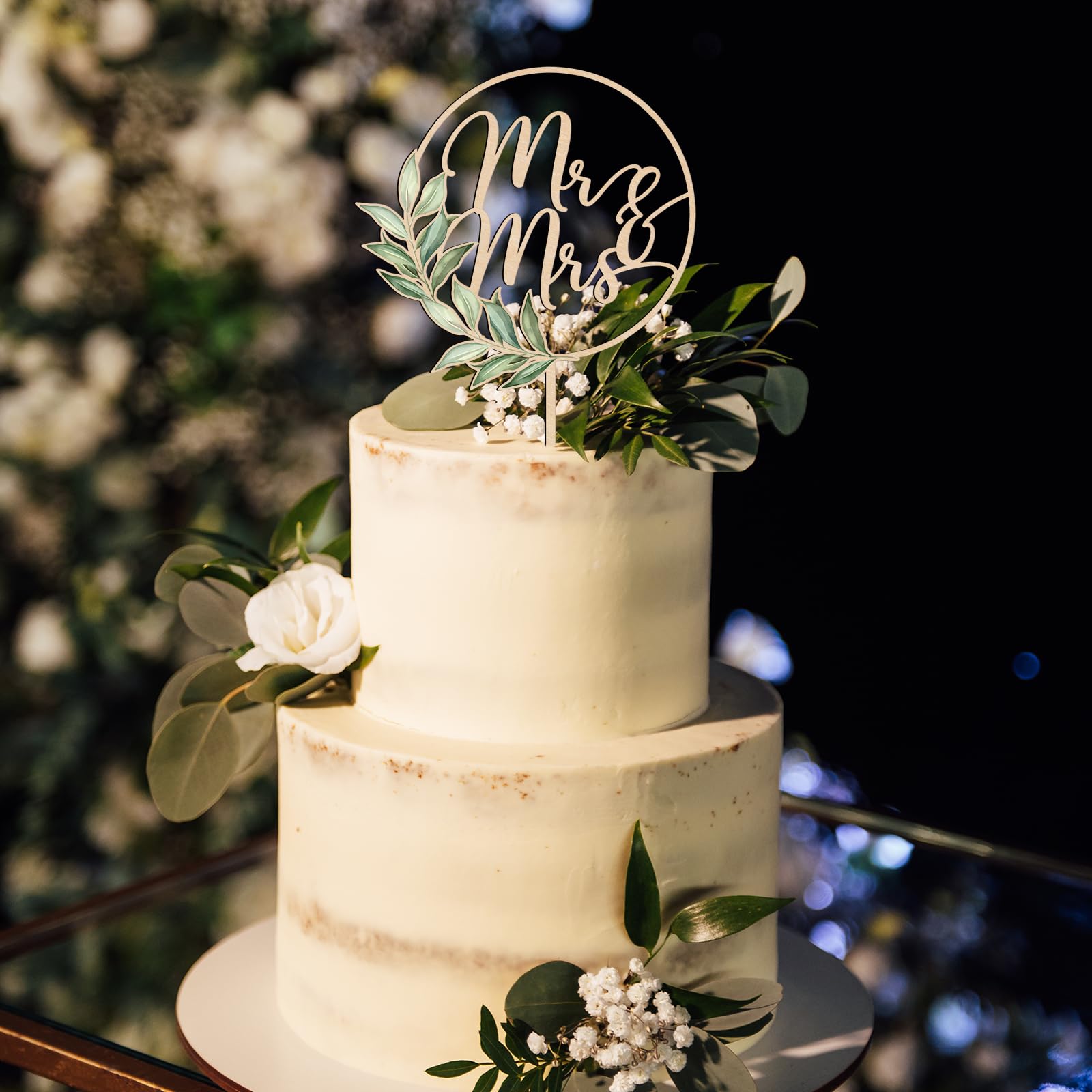 Mr & Mrs Wooden Cake Topper - Elegant Green Wedding Cake Decor (Design 02) | Perfect for Anniversary, Bridal Shower & Romantic Celebrations