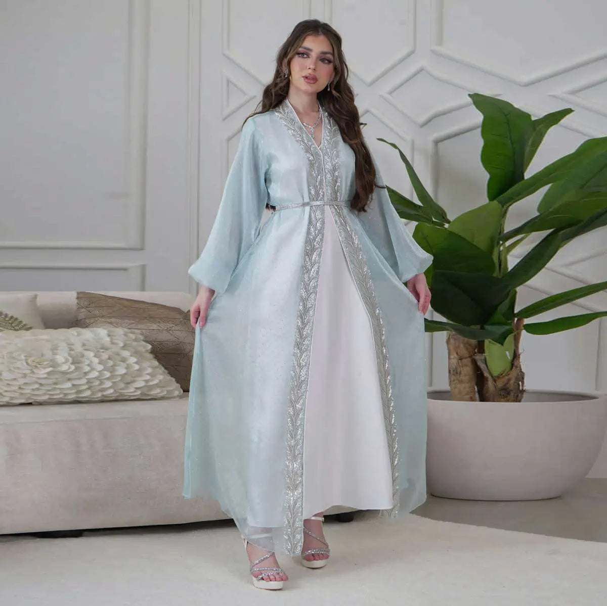 2-Piece Hotfix Rhinestone Caftan Dress Set with Inner Sleeveless Dress #25453 - Elegant Beach Cover Up, Evening Gown & Summer Party Wear for Women