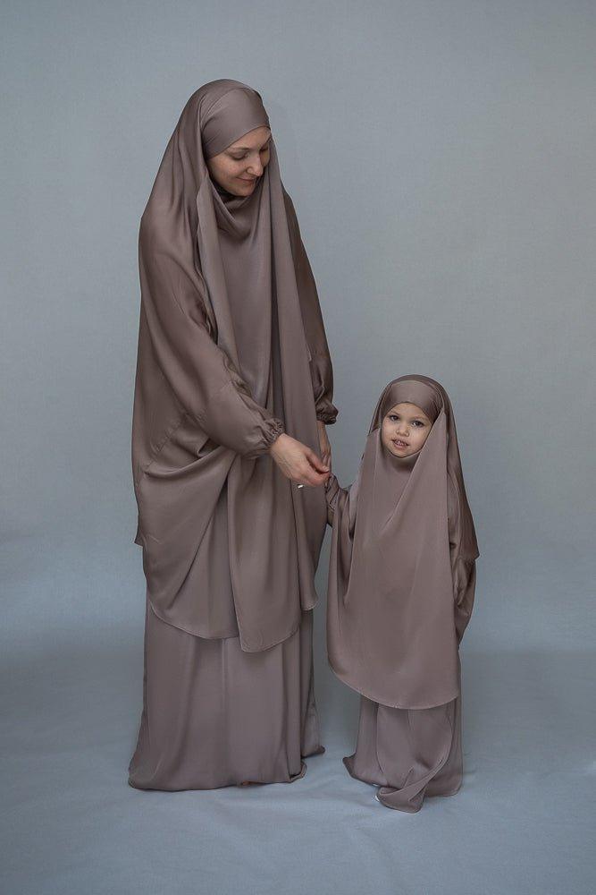 Light Khaki Mommy and Me Prayer Khimar - Magaan Kids Prayer Gown for Girls | Islamic Modest Dress for Prayer, Mosque & Special Occasions