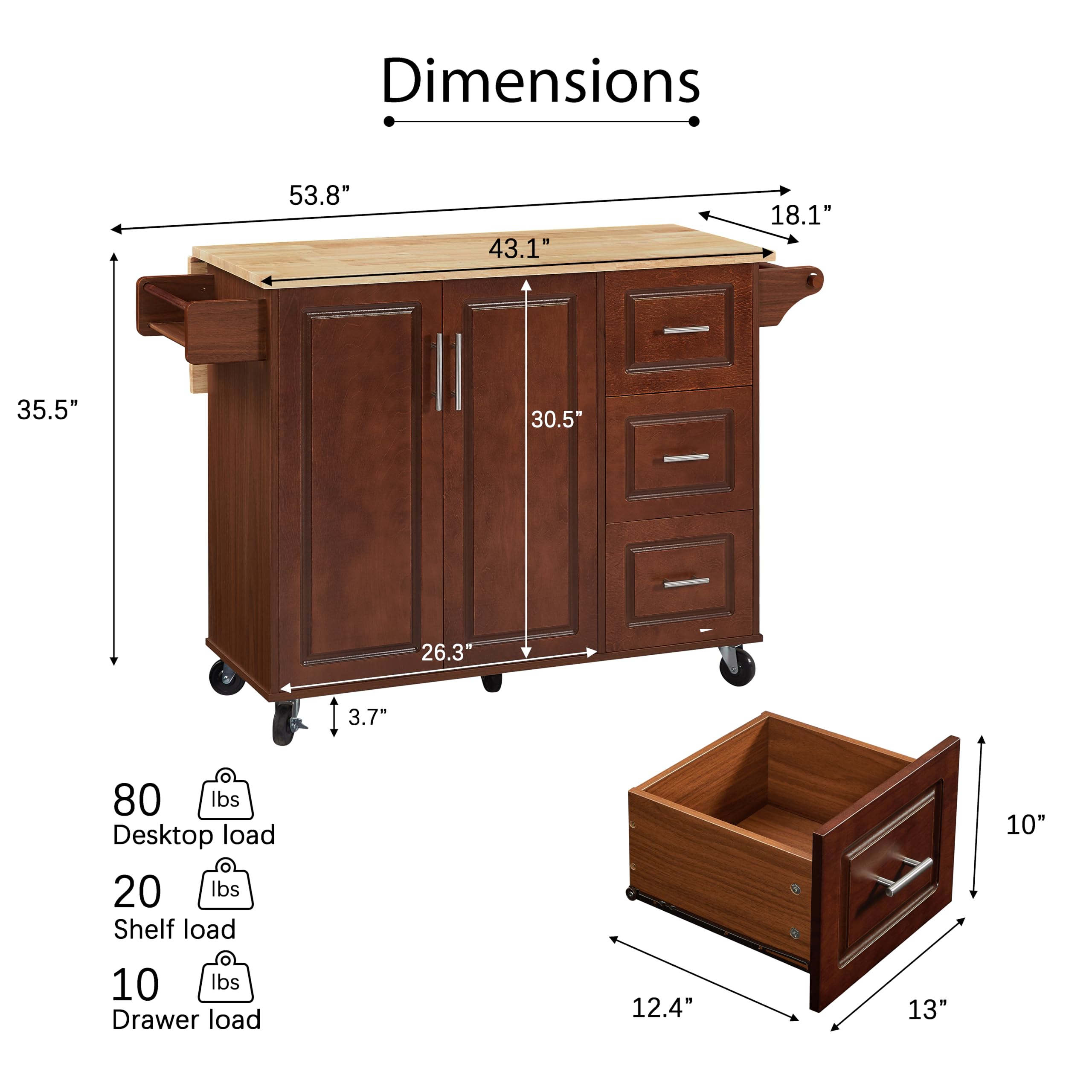 **Rolling Kitchen Island with Storage - Drop Leaf Countertop, Spice Rack, Wheels & Drawers - Mobile Kitchen Cart for Small Spaces, Apartments & Home Cooking (Brown)**    *(Ideal for meal prep, extra counter space, and organizing spices & utensils in compact kitchens.)*
