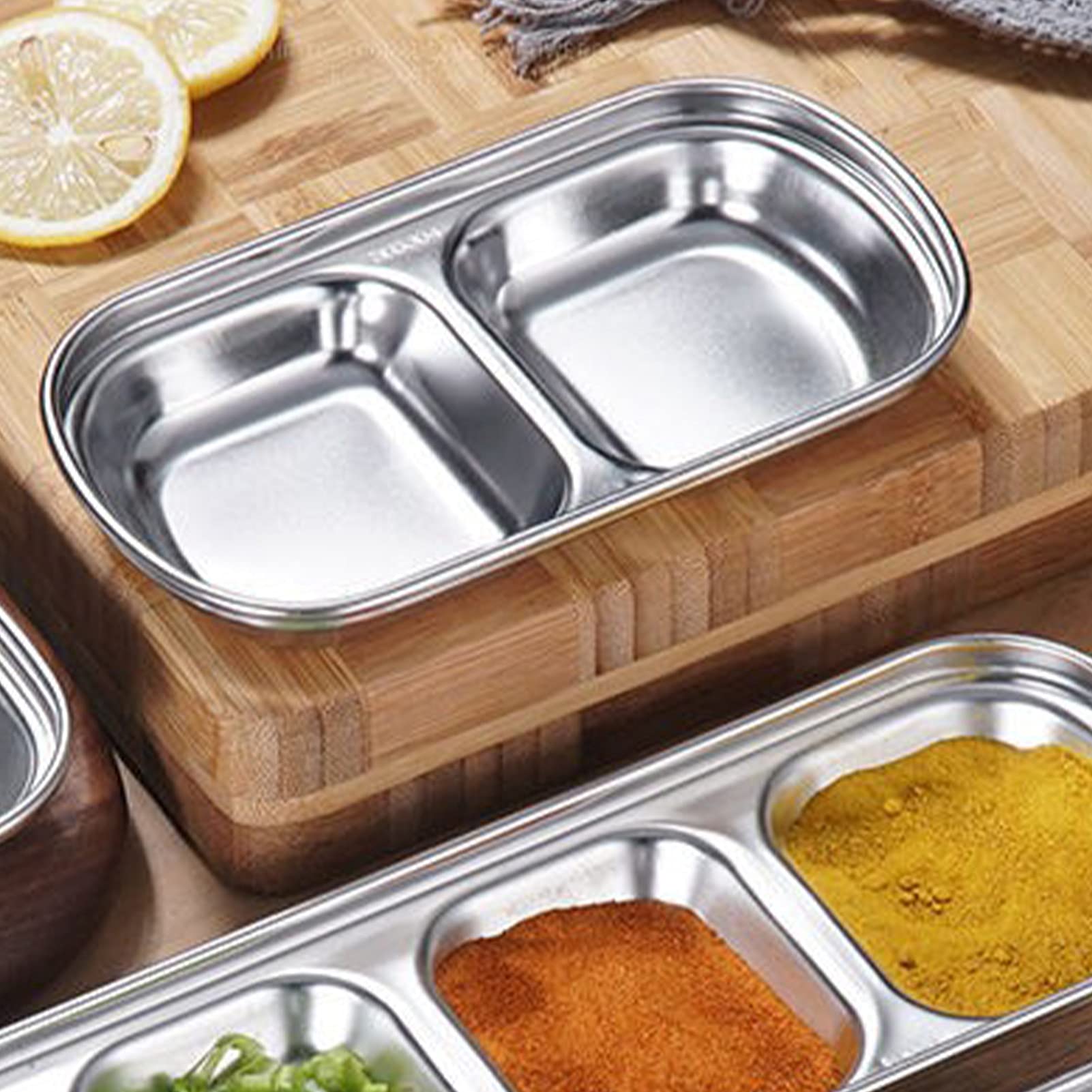 6.02 Inch 304 Stainless Steel Divided Sauce Dish - 2/3 Compartment Korean Ketchup Bowl, Thickened Hot Pot Sauce Tray, Multi-Purpose Seasoning Dip Container for Camping, Hiking, BBQ, Picnics & Home Kitchen Use