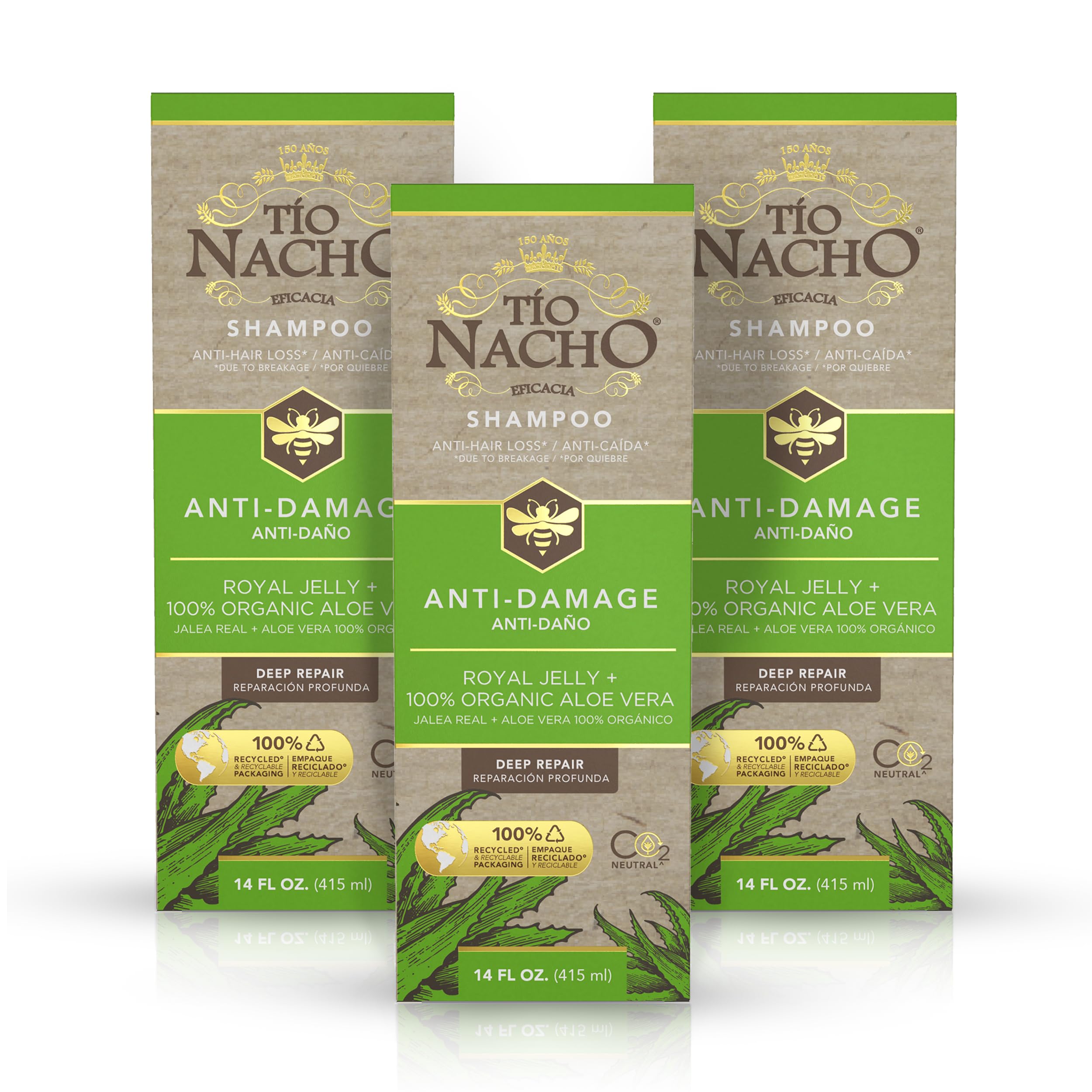 Tio Nacho Aloe Vera Deep Repair Shampoo - Organic Aloe Vera & Royal Jelly for Damaged Hair Repair, Protection & Shine | Vegetable Keratin for Stronger Hair | Paraben, Salt & Silicone Free | 14 Oz (3 Pack) | Perfect for Dry, Frizzy & Color-Treated Hair at Home or Salon