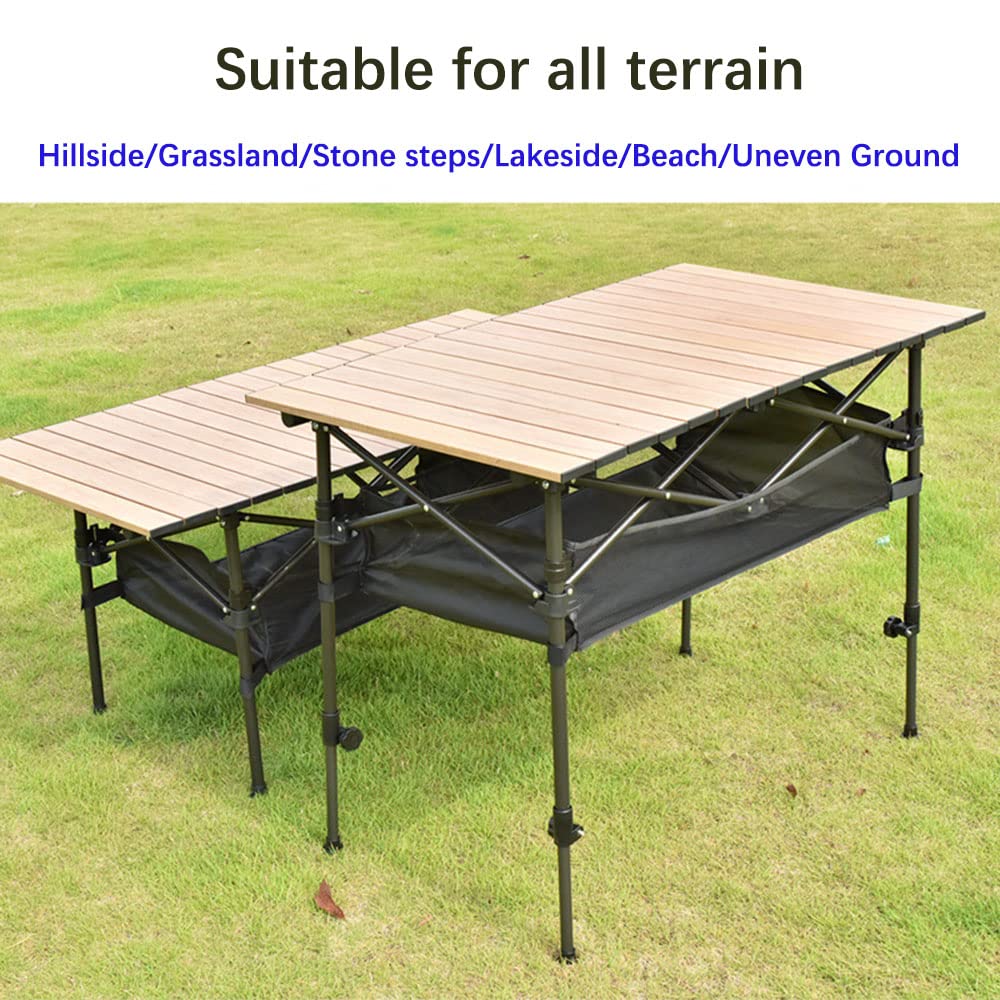 Portable Adjustable Height Folding Aluminum Camping Table with Storage Bag - Lightweight Picnic Table for BBQ, Beach, Party, Backyard, Hiking & Outdoor Adventures (Wood Grain Design)