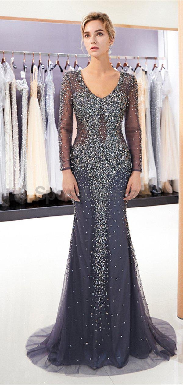 Elegant Navy Blue Rhinestone Beaded Mermaid Prom Dress with Long Sleeves - Formal Evening Gown for Homecoming, Ball, Wedding & Special Occasions
