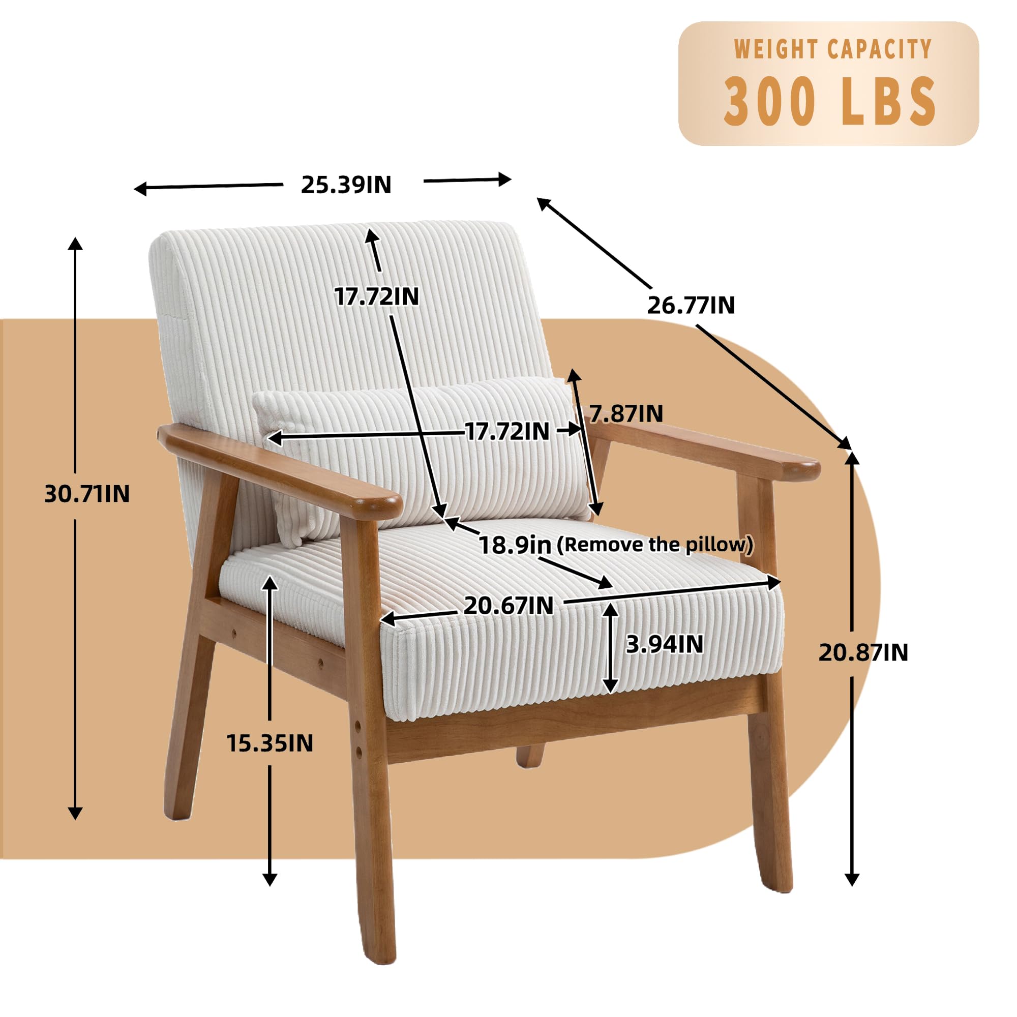 Modern Accent Chair Set of 2 - Wooden Legs & Wide Armrest Corduroy Lounge Chairs with Lumbar Support Pillow - Beige Living Room, Bedroom, Office & Balcony Seating for Relaxation & Stylish Home Decor