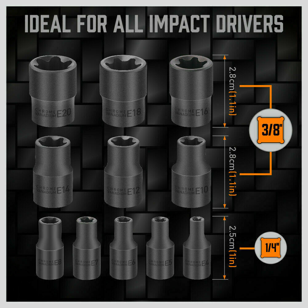 11-Piece E Torx Socket Set - Female External Star Bit Sockets E4 to E20 - 3/8