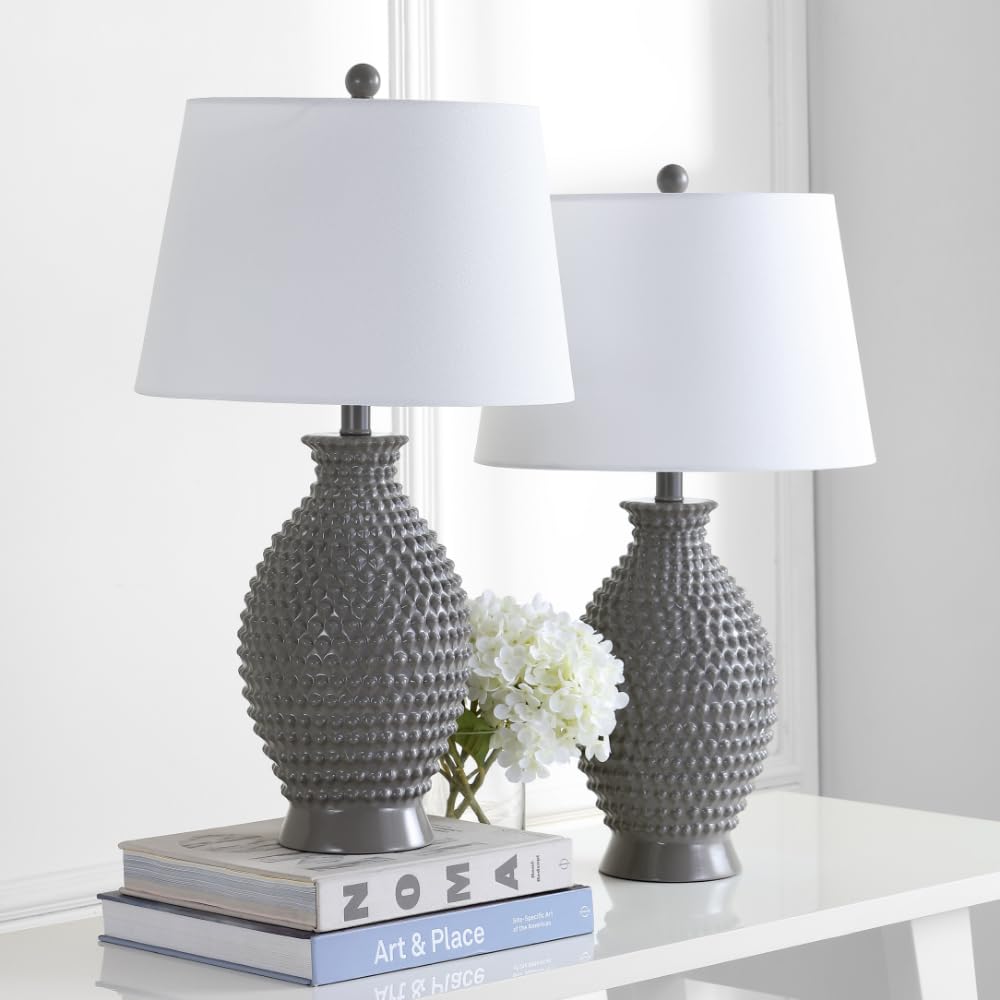 SAFAVIEH Lighting Collection Rosten Grey Textured 27-inch Table Lamp Set of 2 with LED Bulbs - Modern Bedside Lamp for Bedroom, Living Room & Home Office - Perfect for Reading, Working & Ambient Lighting