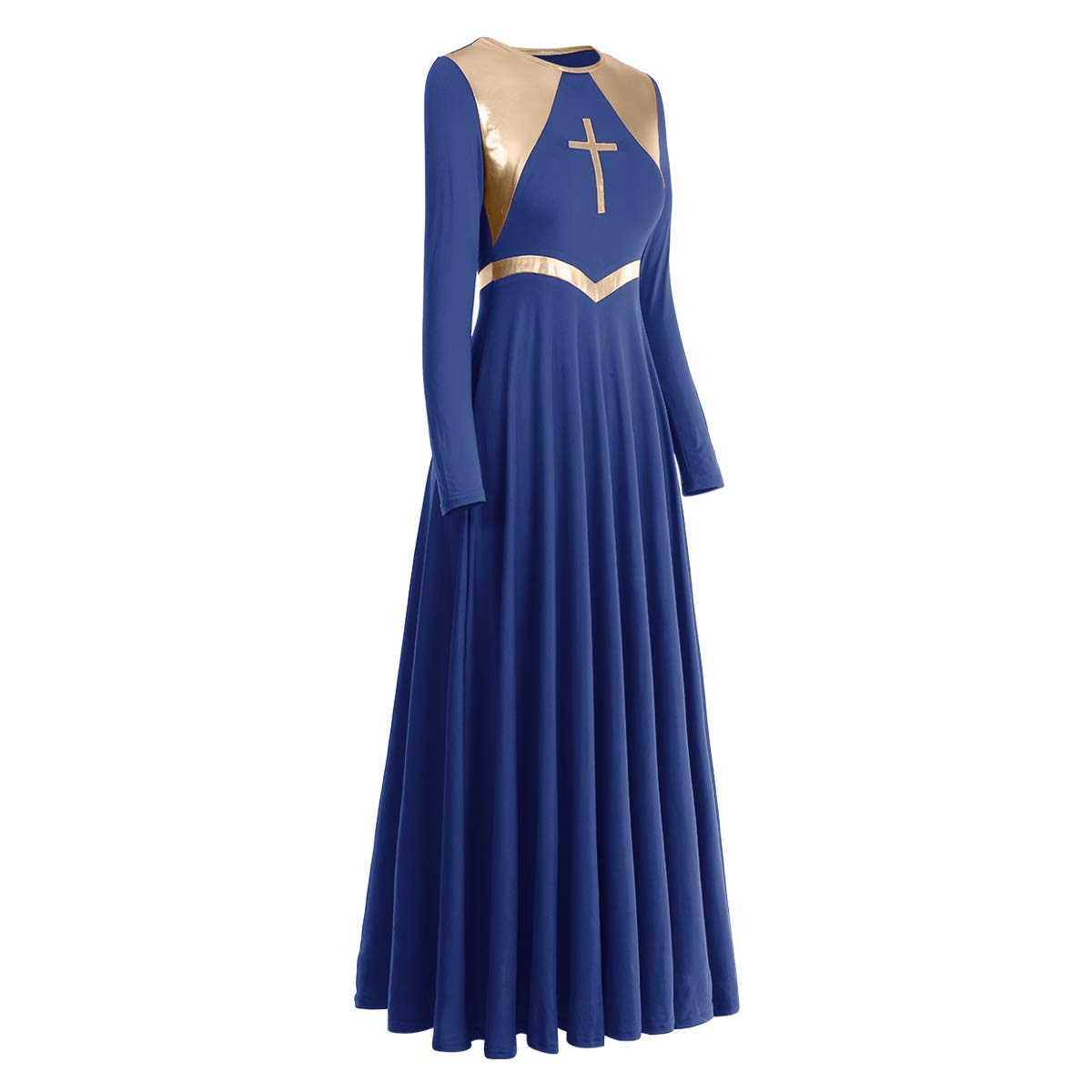 Metallic Cross Praise Dance Dresses for Women - Liturgical Worship Long Sleeve Flowy Dress - Perfect for Church Performances, Gospel Choir & Worship Events